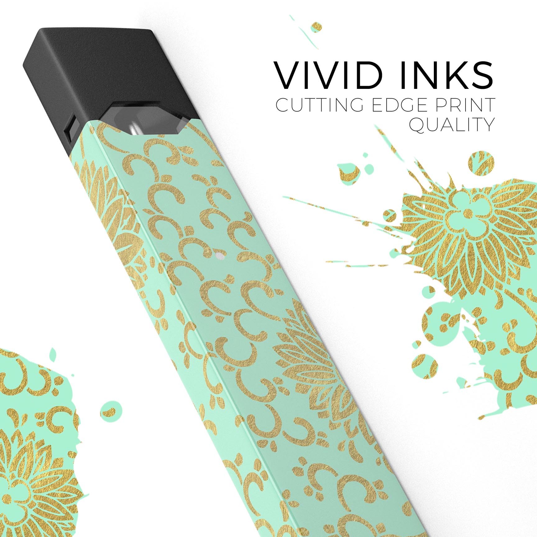 Mint and Gold Floral v5 skin wrap sticker for JUUL device, showcasing floral design and premium quality.