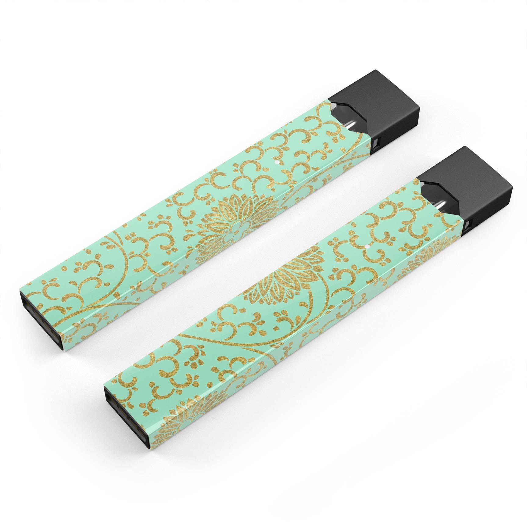 Mint and Gold Floral v5 skin wrap sticker for JUUL device, showcasing floral design and premium quality.