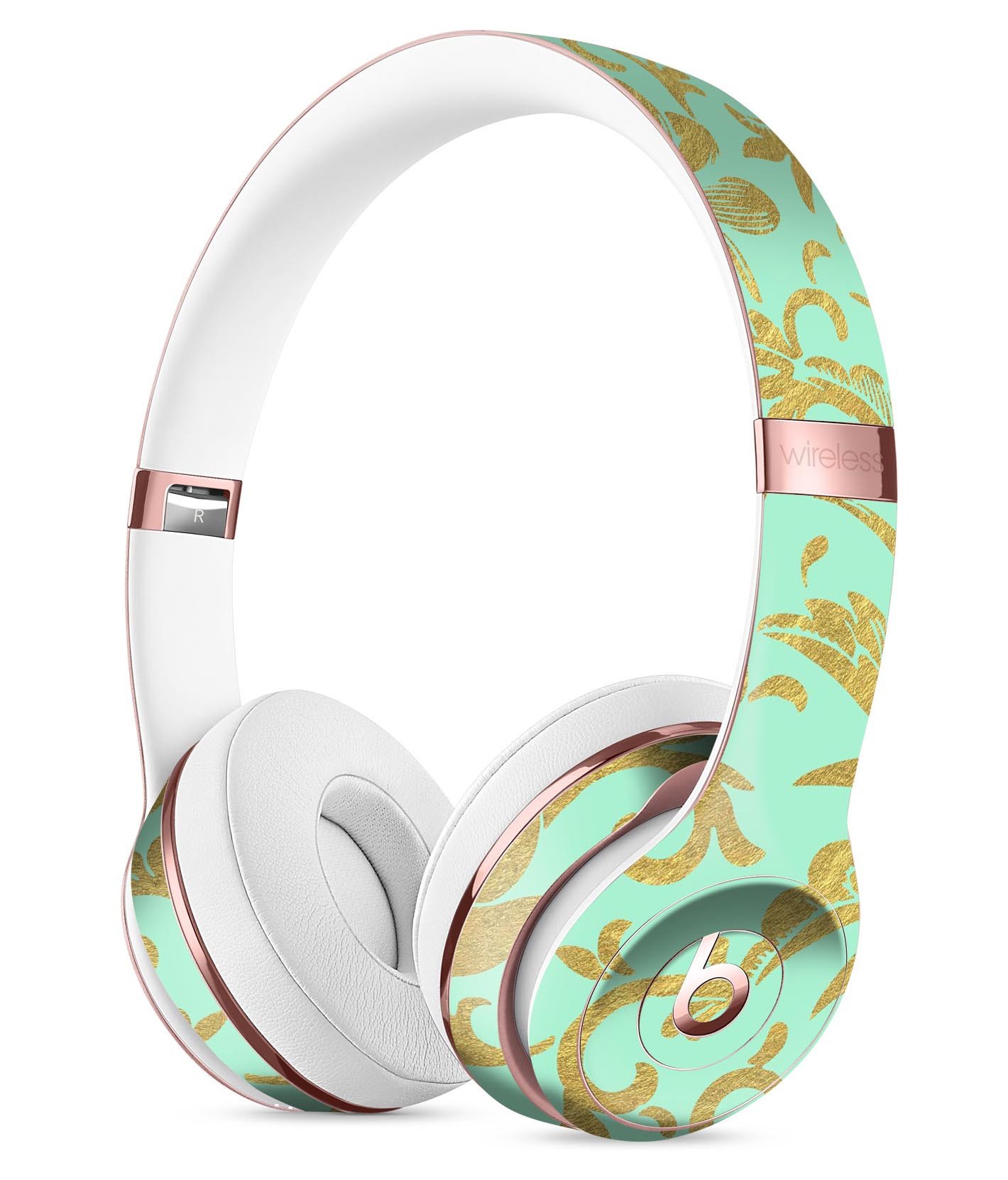 Mint and Gold Floral Full-Body Skin Kit for Beats by Dre Solo 3, showcasing vibrant floral patterns on a sleek vinyl surface.