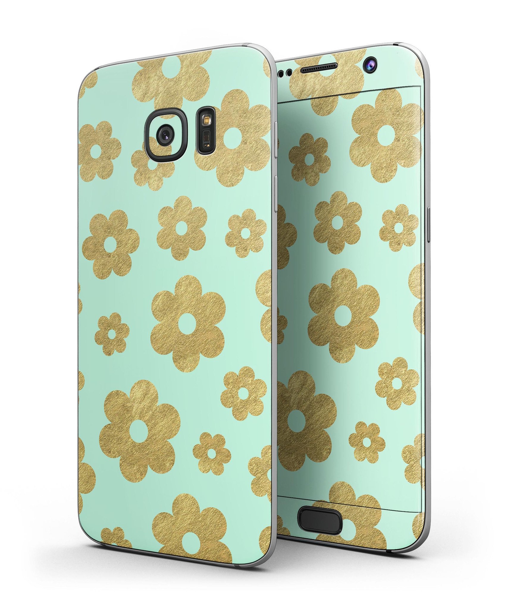 Mint and Gold Floral v8 Full Body Skin-Kit for Samsung Galaxy S7, showcasing vibrant floral design and premium vinyl material.