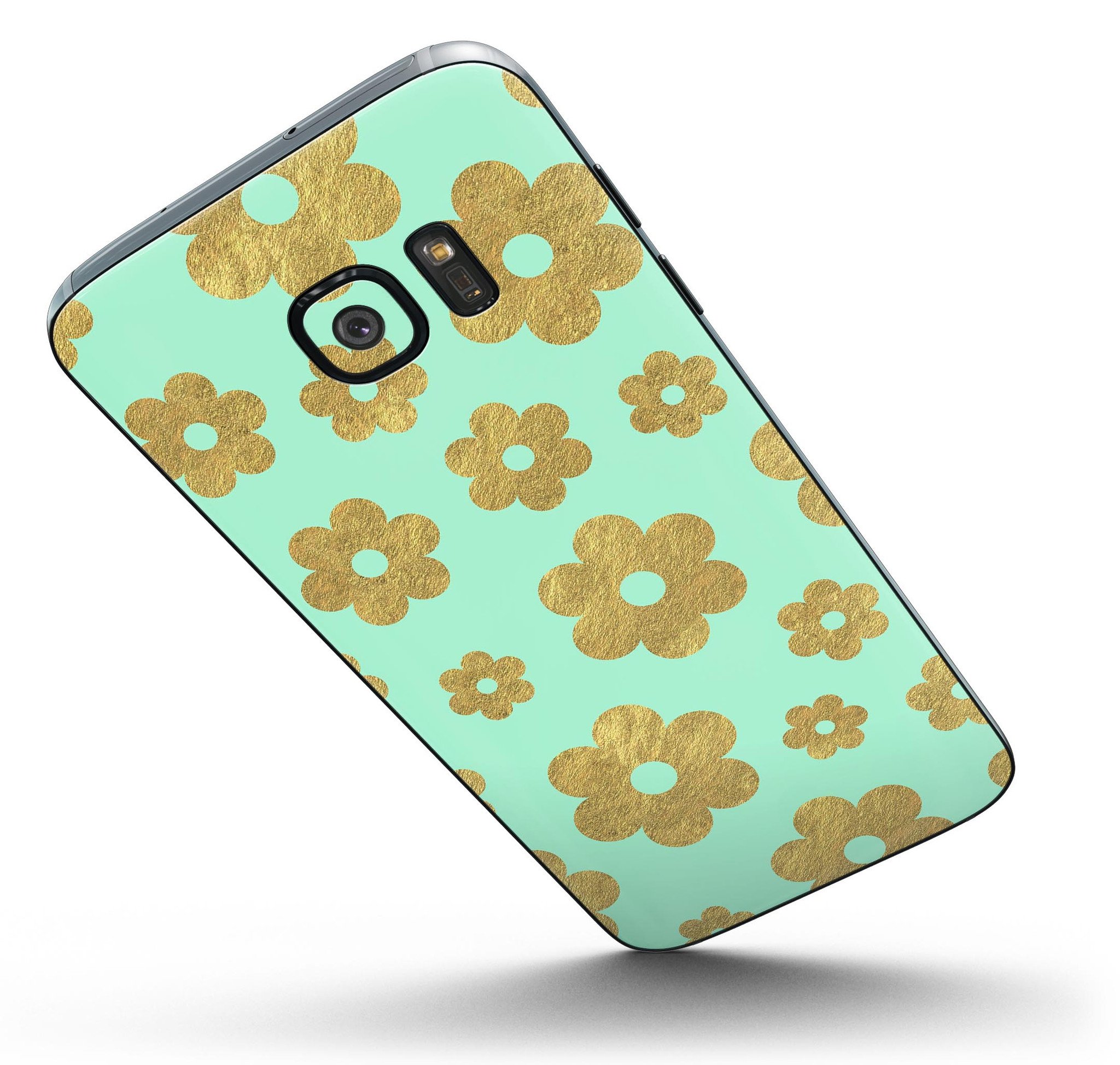 Mint and Gold Floral v8 Full Body Skin-Kit for Samsung Galaxy S7, showcasing vibrant floral design and premium vinyl material.