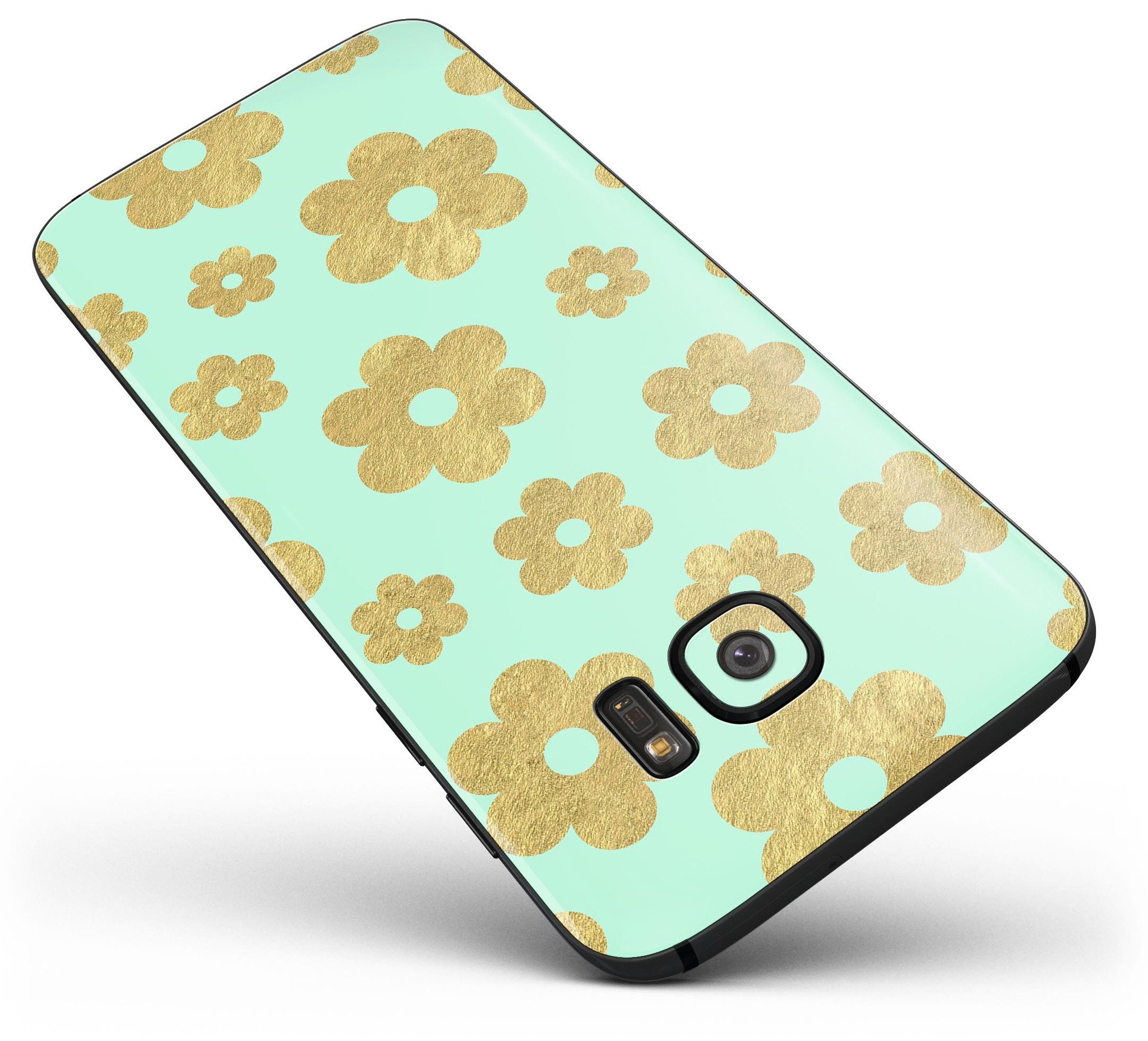 Mint and Gold Floral v8 Full Body Skin-Kit for Samsung Galaxy S7, showcasing vibrant floral design and premium vinyl material.