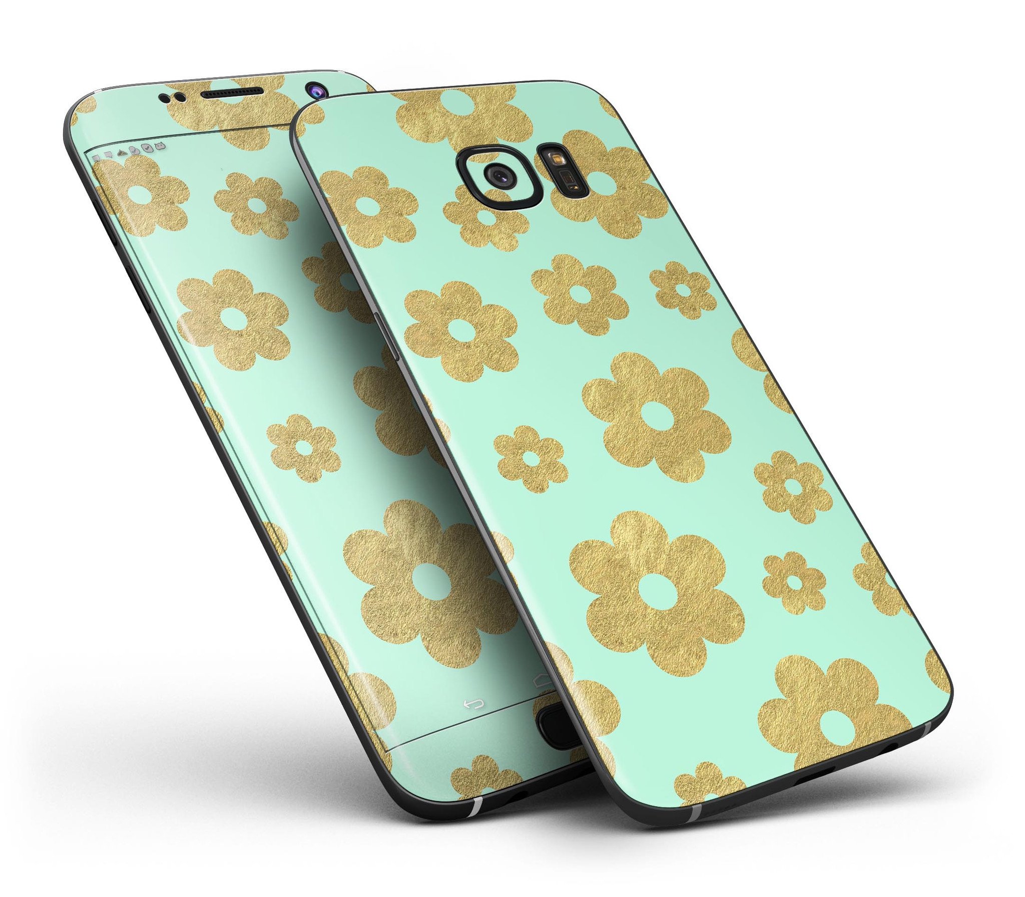 Mint and Gold Floral v8 Full Body Skin-Kit for Samsung Galaxy S7, showcasing vibrant floral design and premium vinyl material.