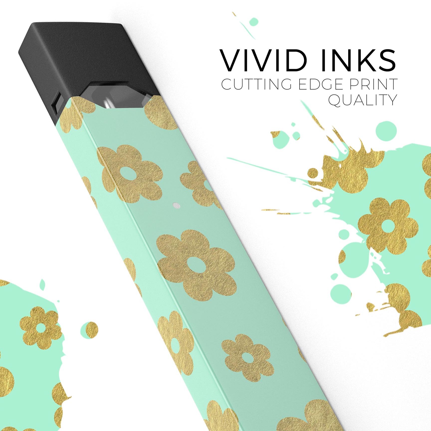 Mint and Gold Floral v8 skin wrap sticker for JUUL device, showcasing floral design and premium quality.