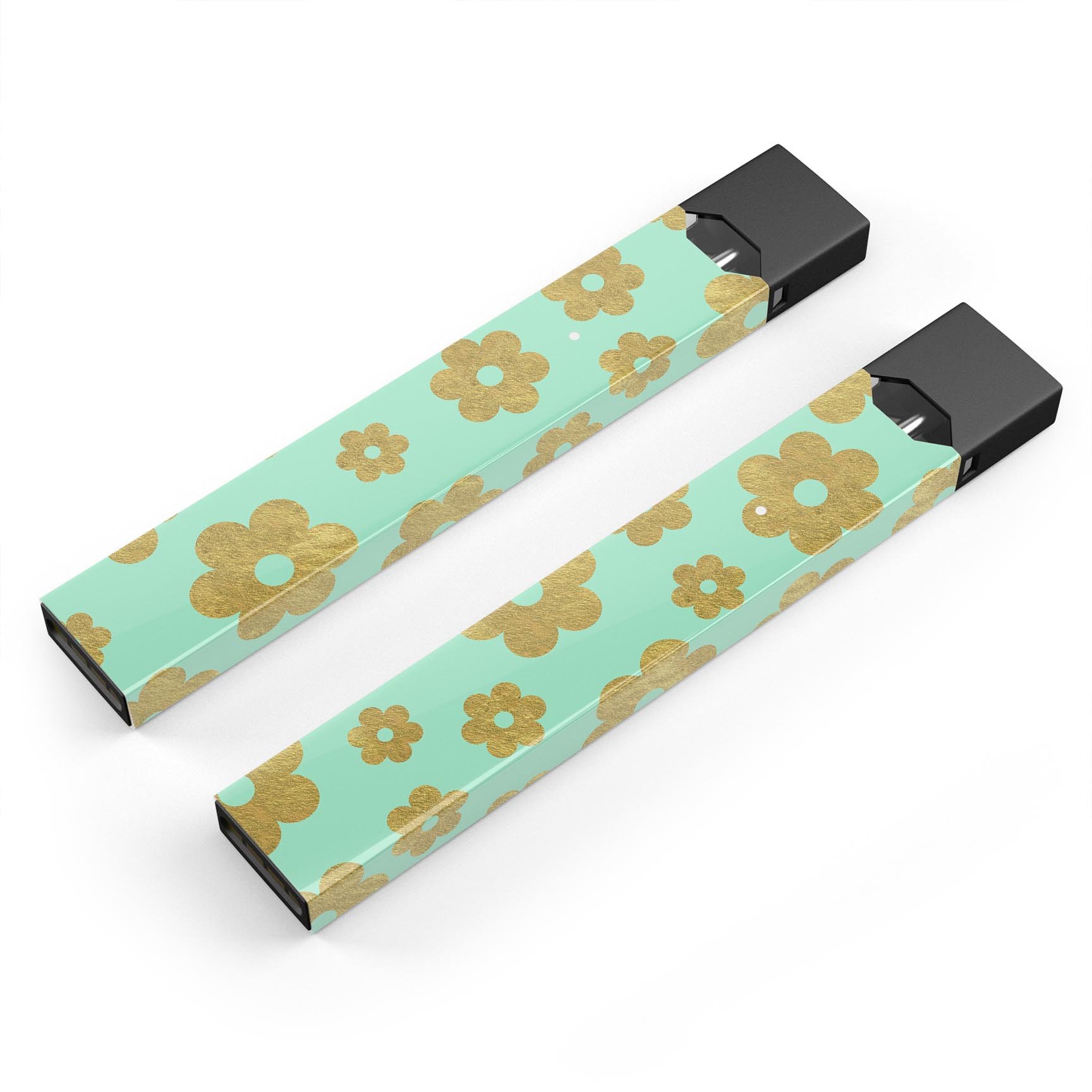 Mint and Gold Floral v8 skin wrap sticker for JUUL device, showcasing floral design and premium quality.