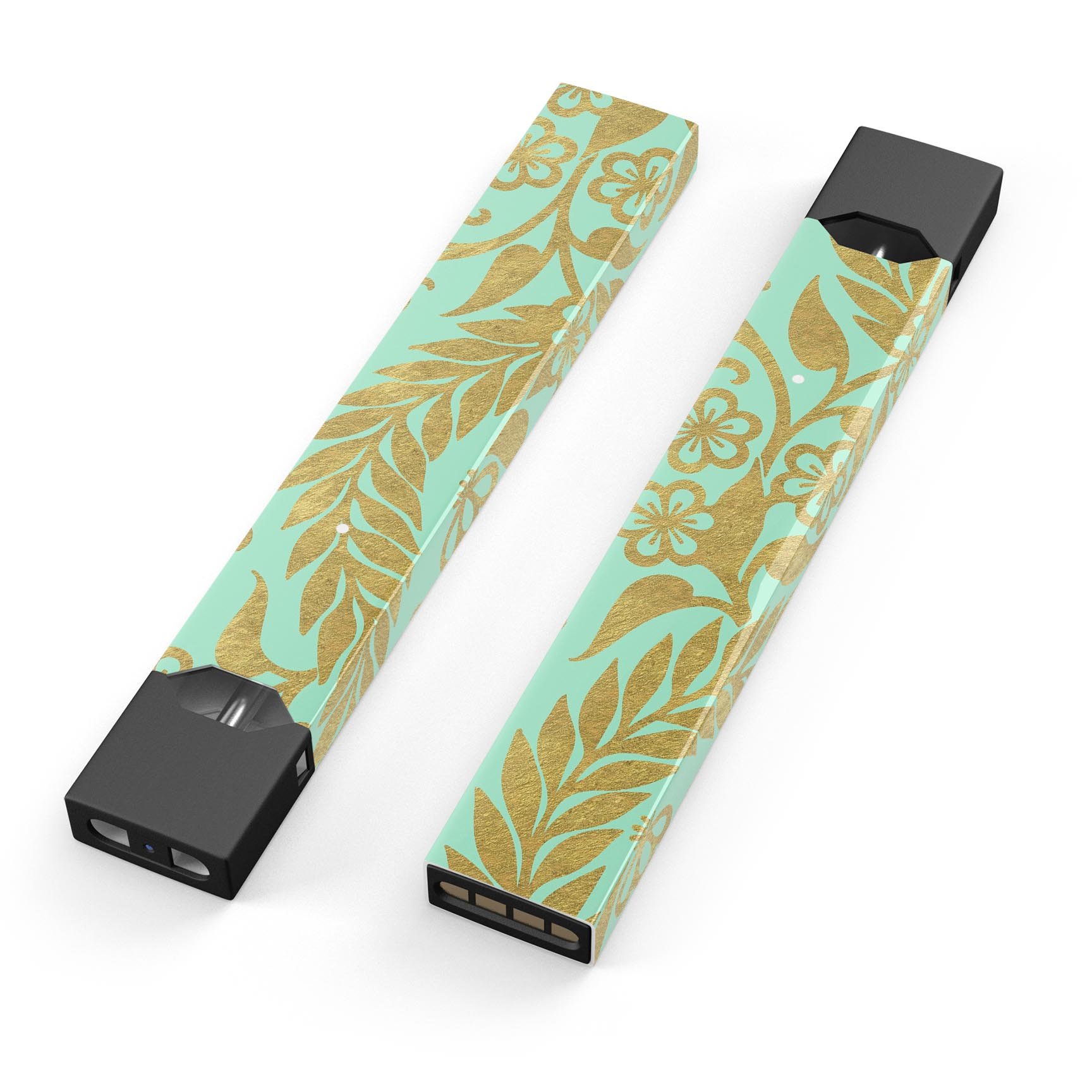 Mint and Gold Floral v9 skin wrap sticker for JUUL device, showcasing floral design and premium quality.