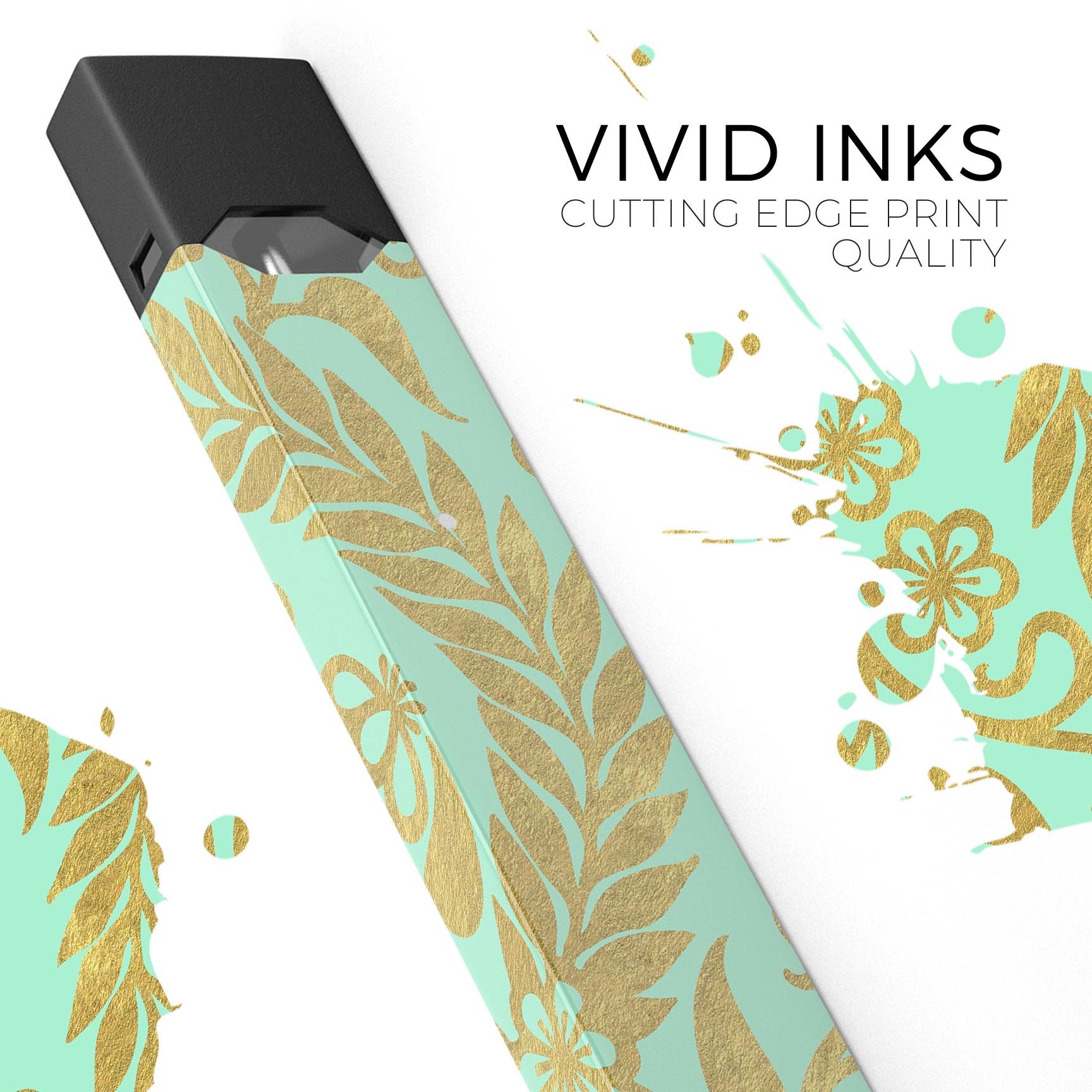 Mint and Gold Floral v9 skin wrap sticker for JUUL device, showcasing floral design and premium quality.