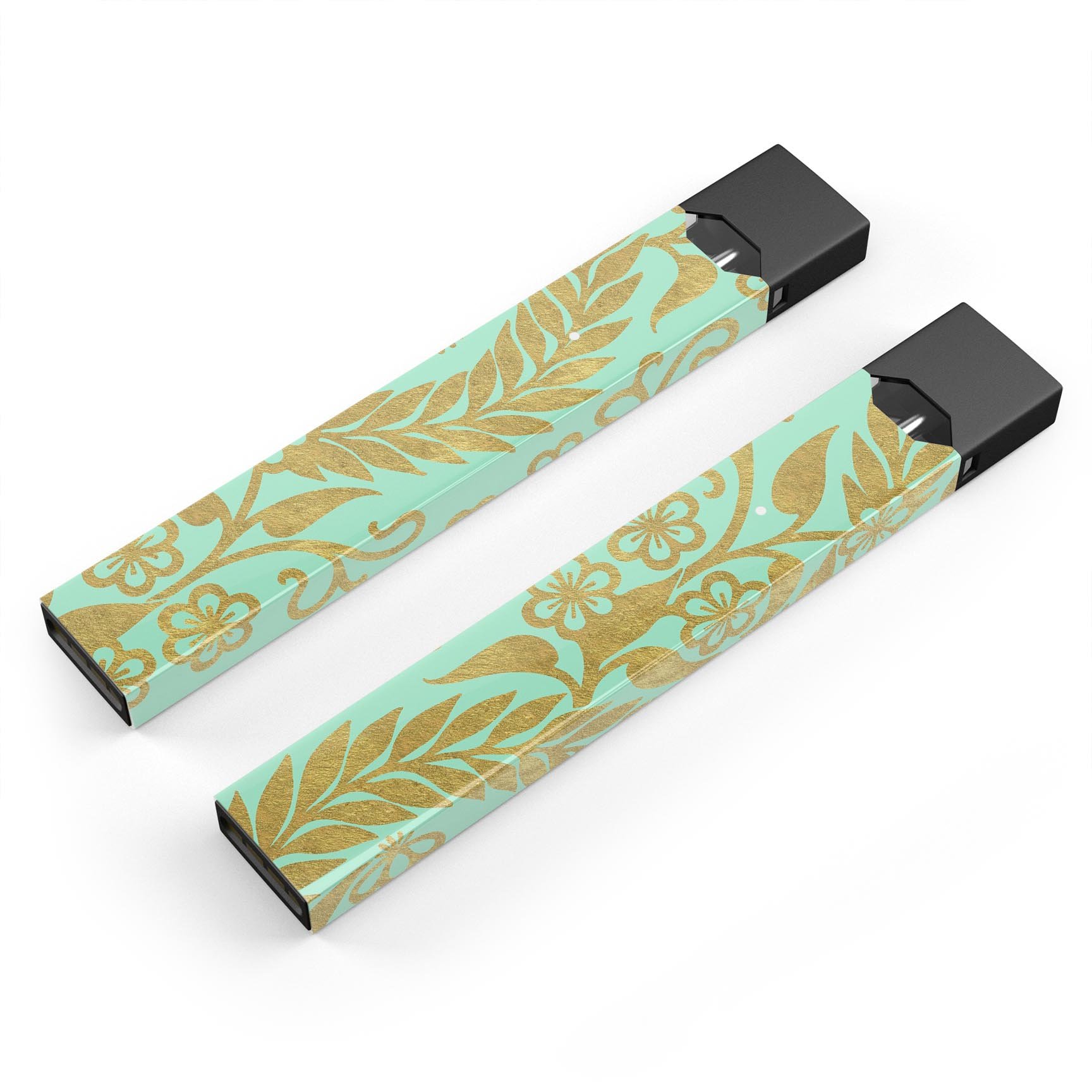 Mint and Gold Floral v9 skin wrap sticker for JUUL device, showcasing floral design and premium quality.