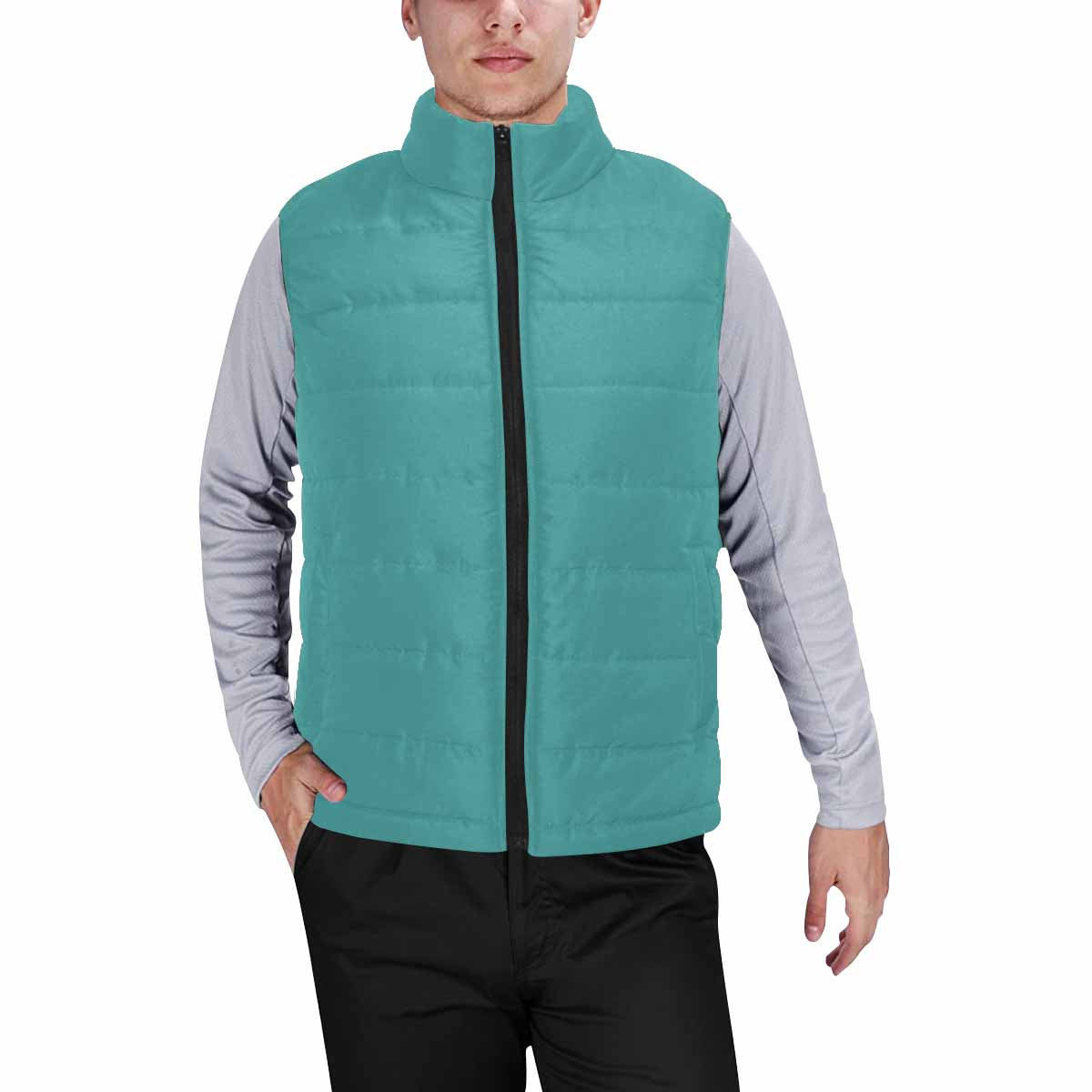 Mint Blue Mens Padded Vest featuring a quilted design and zipper closure, made from high-grade matte cloth and cotton filling.