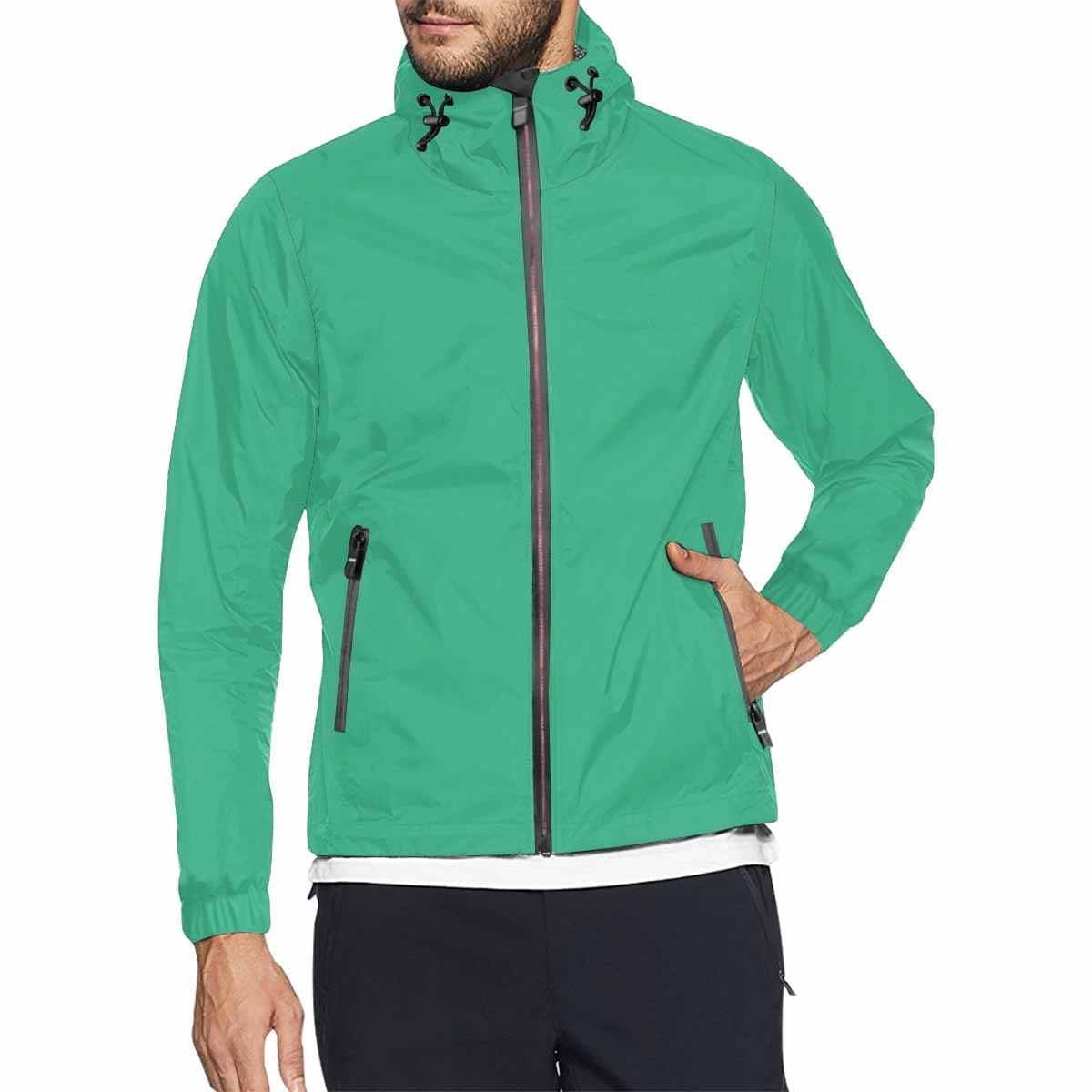 Mint green hooded windbreaker jacket for men and women, featuring a stylish design, red metal zip, and two zippered pockets.