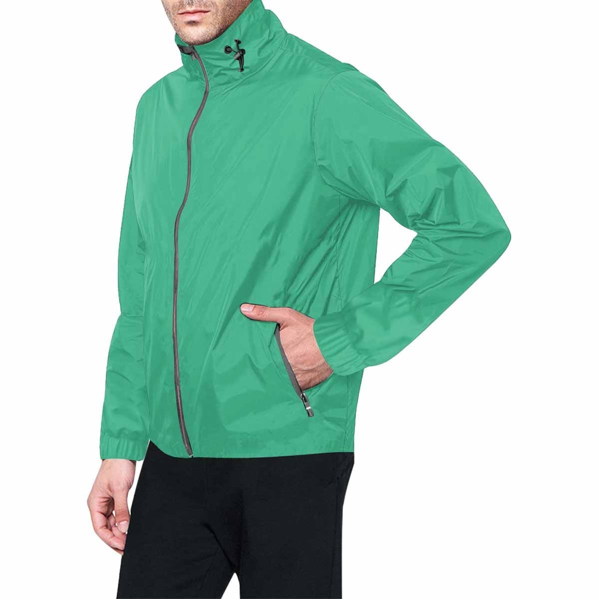 Mint green hooded windbreaker jacket for men and women, featuring a stylish design, red metal zip, and two zippered pockets.