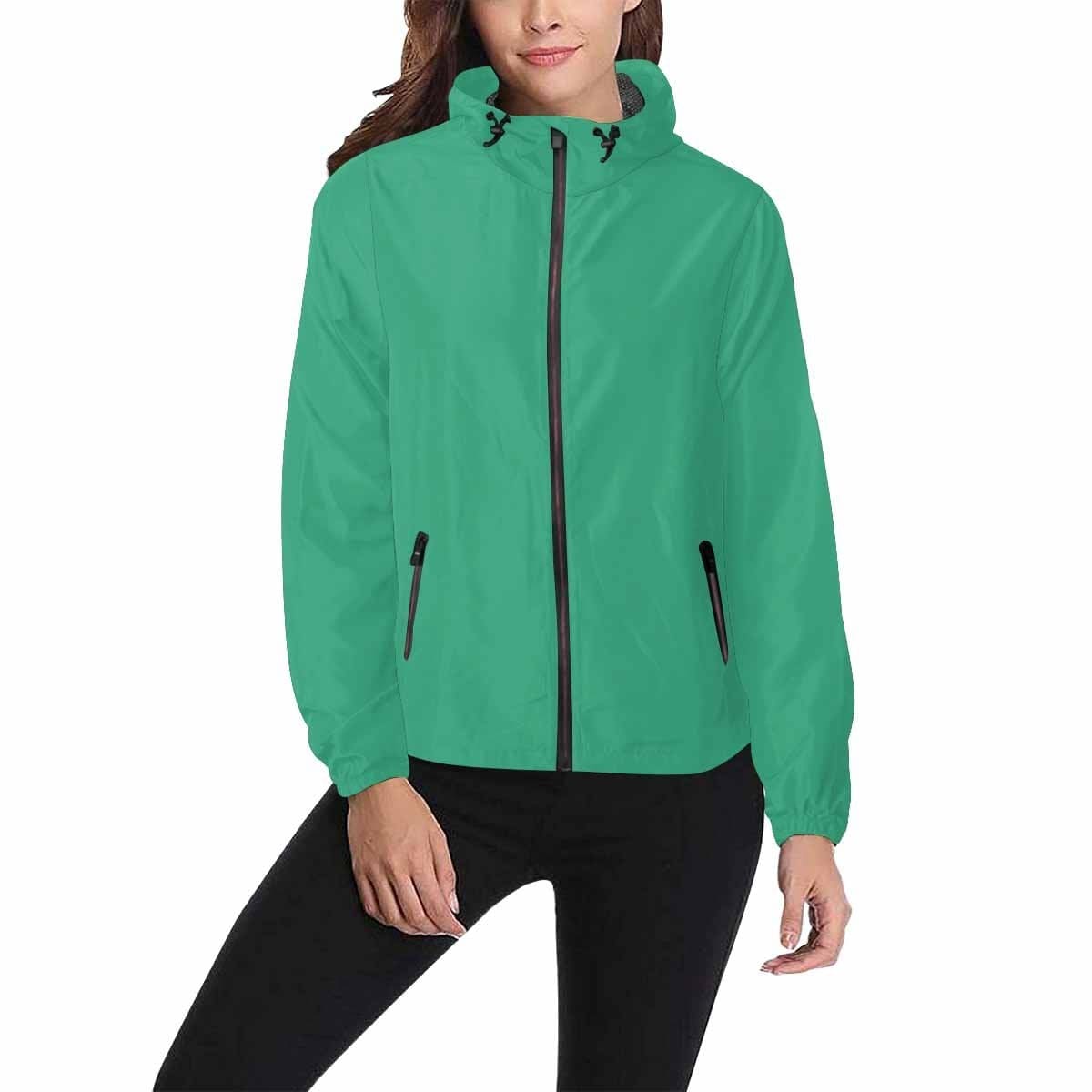 Mint green hooded windbreaker jacket for men and women, featuring a stylish design, red metal zip, and two zippered pockets.