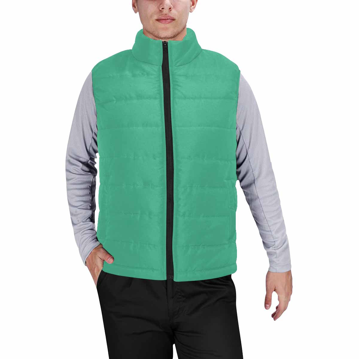 Mint green men's padded vest featuring a quilted bomber design and zipper closure, made from high-grade matte cloth and cotton filling.