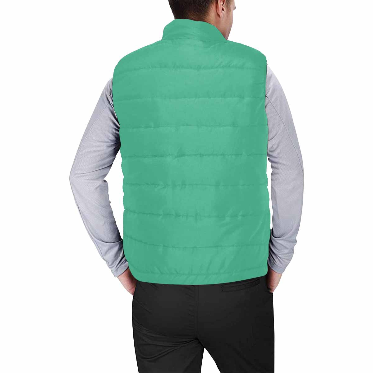 Mint green men's padded vest featuring a quilted bomber design and zipper closure, made from high-grade matte cloth and cotton filling.