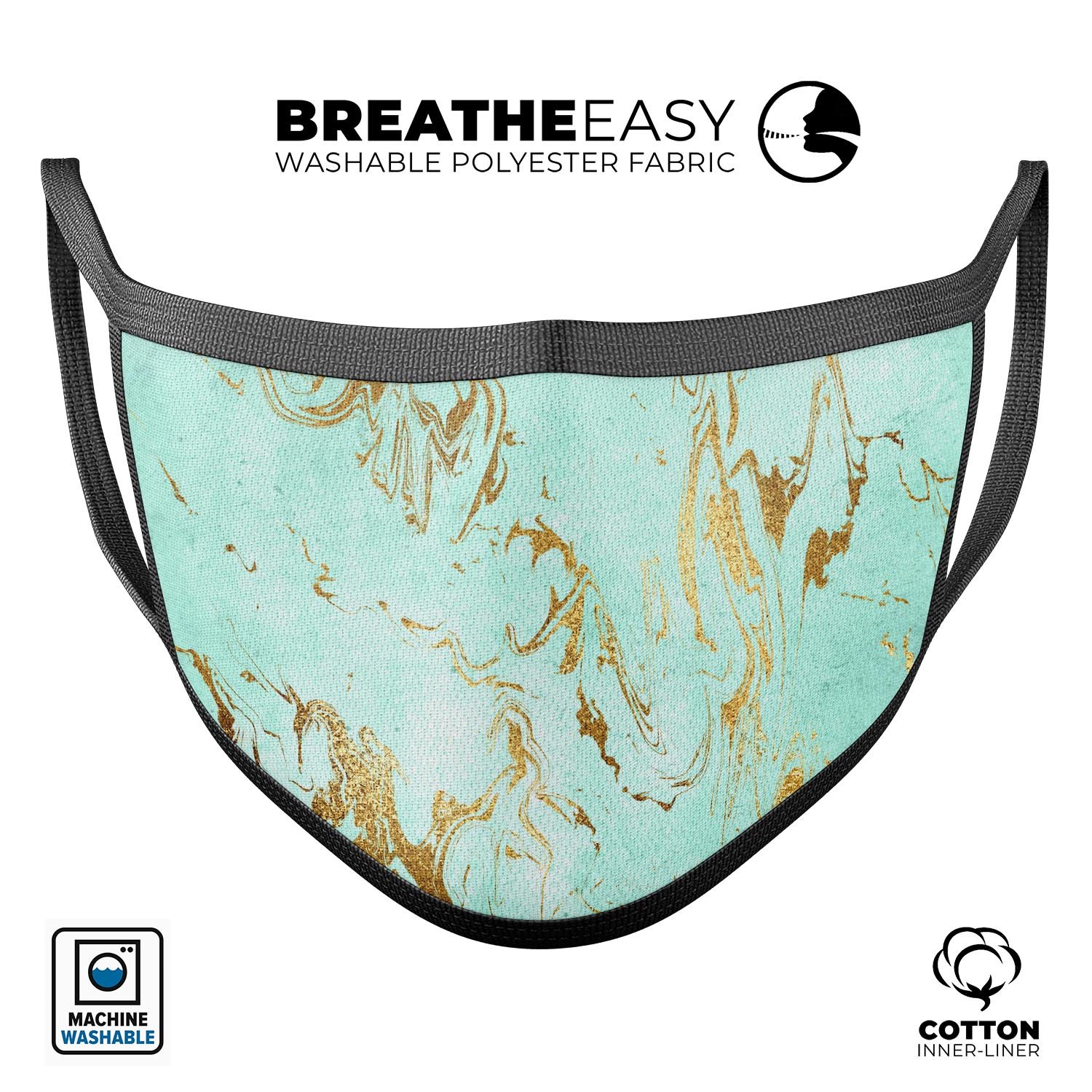 Mint Marble & Digital Gold Foil V1 mouth cover, showcasing vibrant colors and adjustable ear loops for a perfect fit.