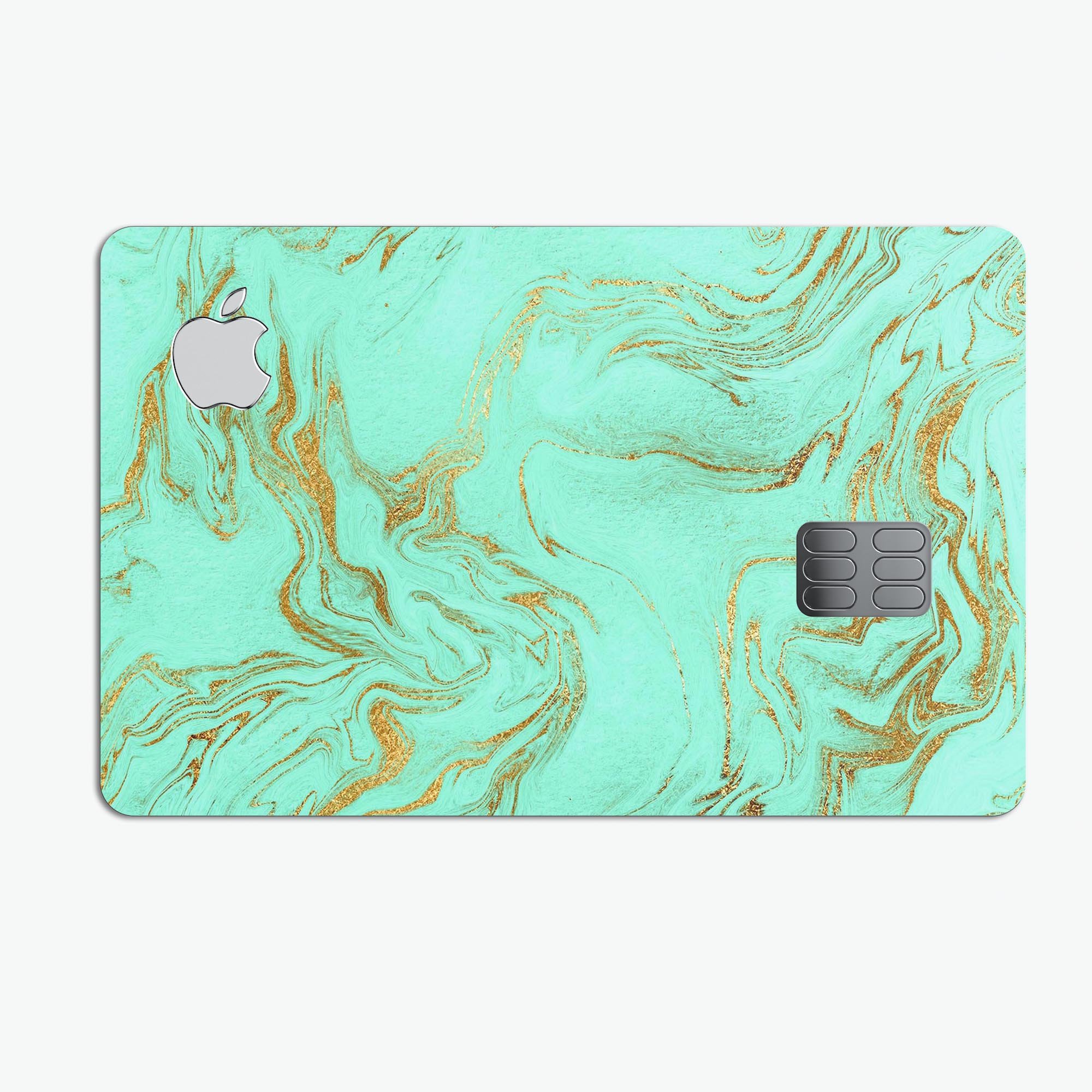 Mint Marble and Digital Gold Foil V12 decal on an Apple Card, showcasing its premium design and protective features.