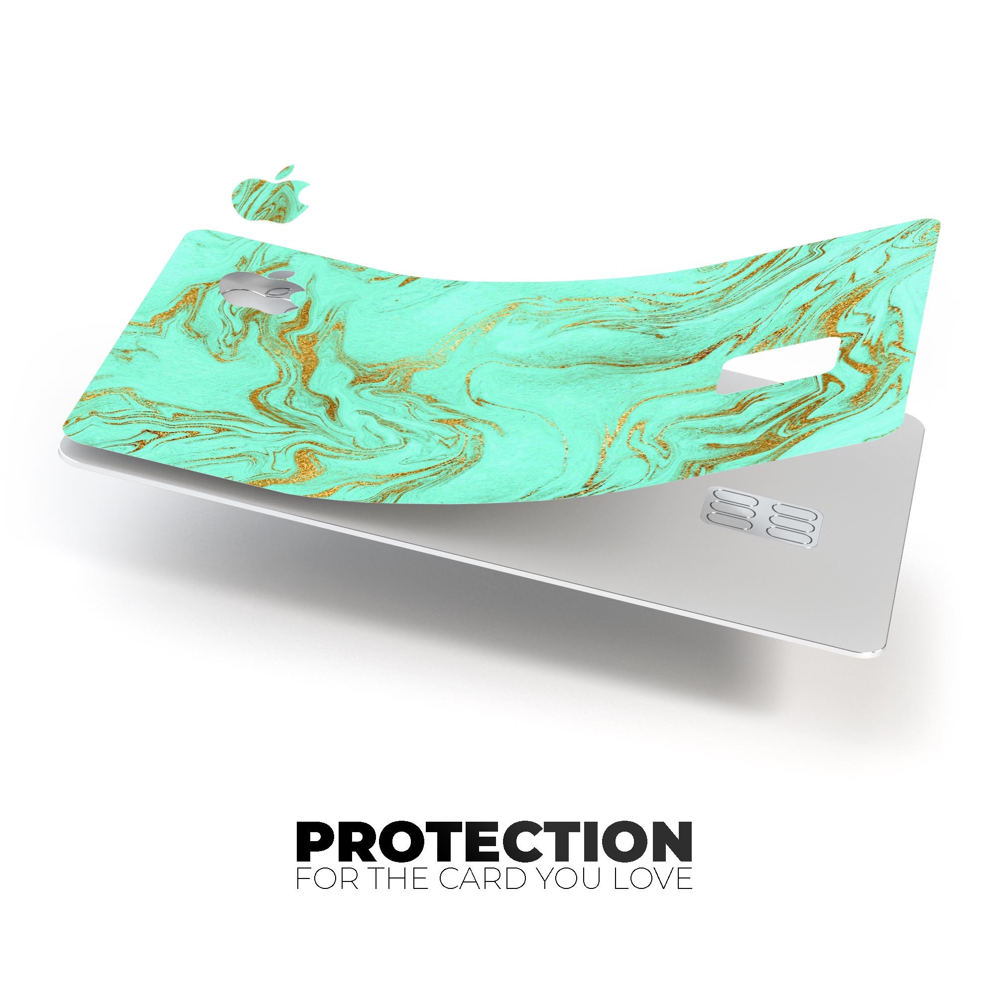 Mint Marble and Digital Gold Foil V12 decal on an Apple Card, showcasing its premium design and protective features.