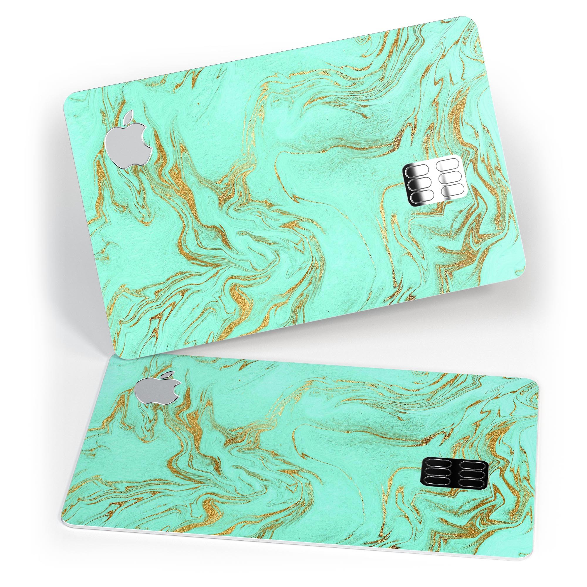 Mint Marble and Digital Gold Foil V12 decal on an Apple Card, showcasing its premium design and protective features.