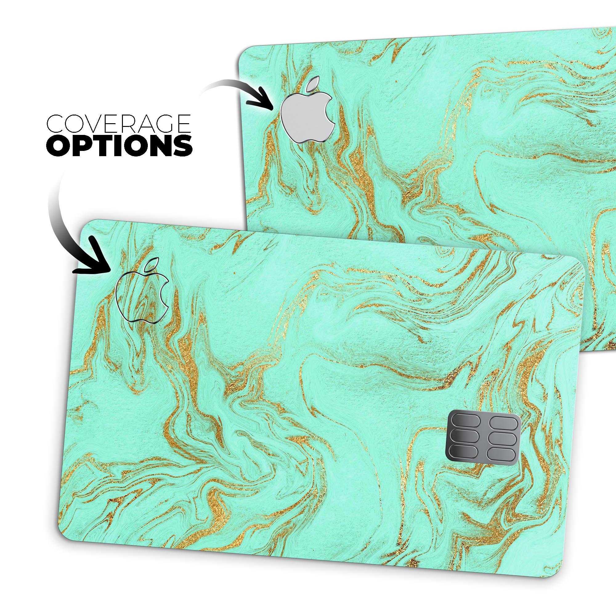 Mint Marble and Digital Gold Foil V12 decal on an Apple Card, showcasing its premium design and protective features.