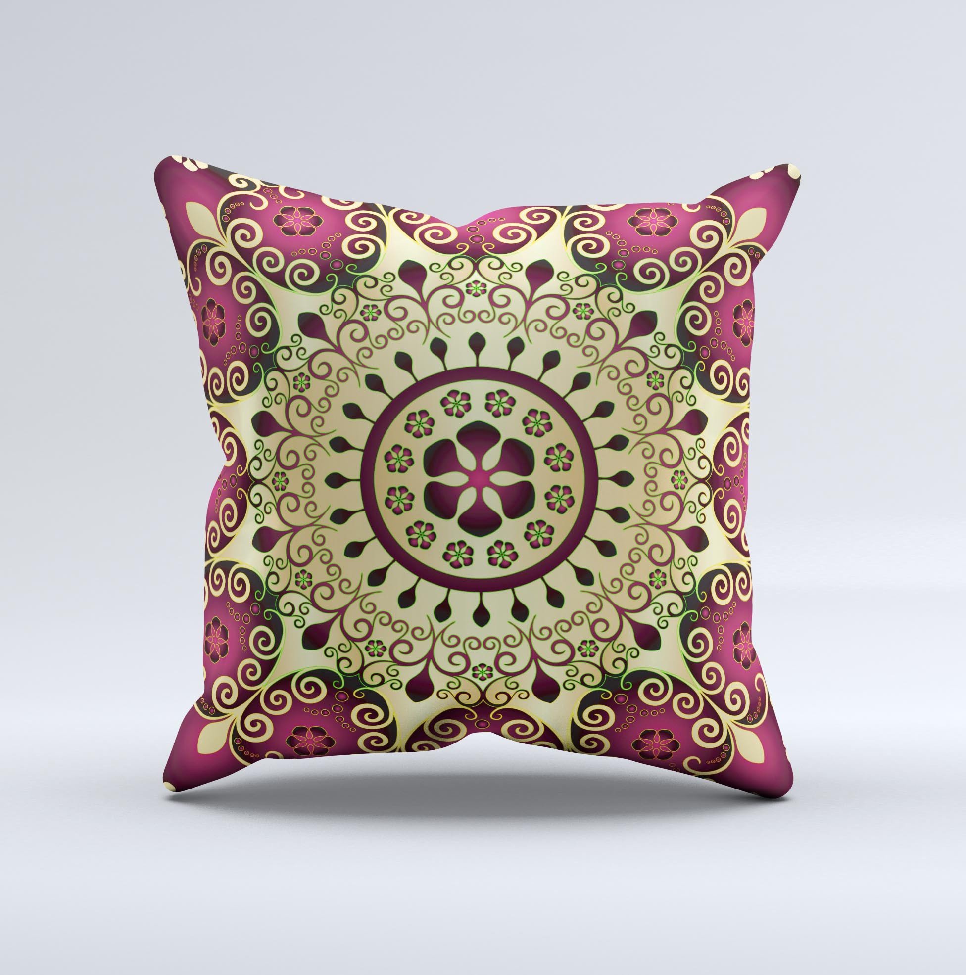 Mirrored Gold Purple Elegance Ink-Fuzed Decorative Throw Pillow showcasing intricate design and vibrant colors.