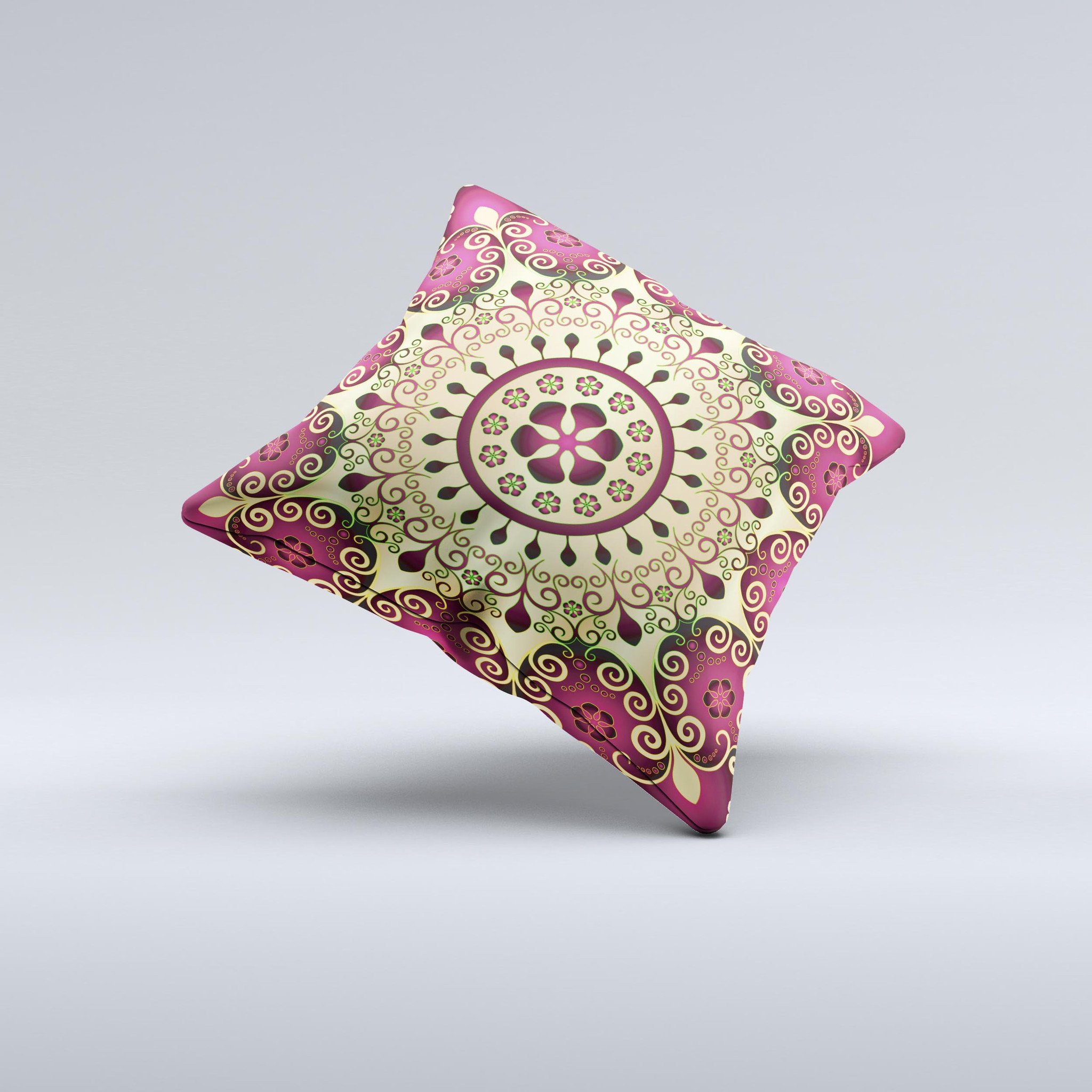 Mirrored Gold Purple Elegance Ink-Fuzed Decorative Throw Pillow showcasing intricate design and vibrant colors.