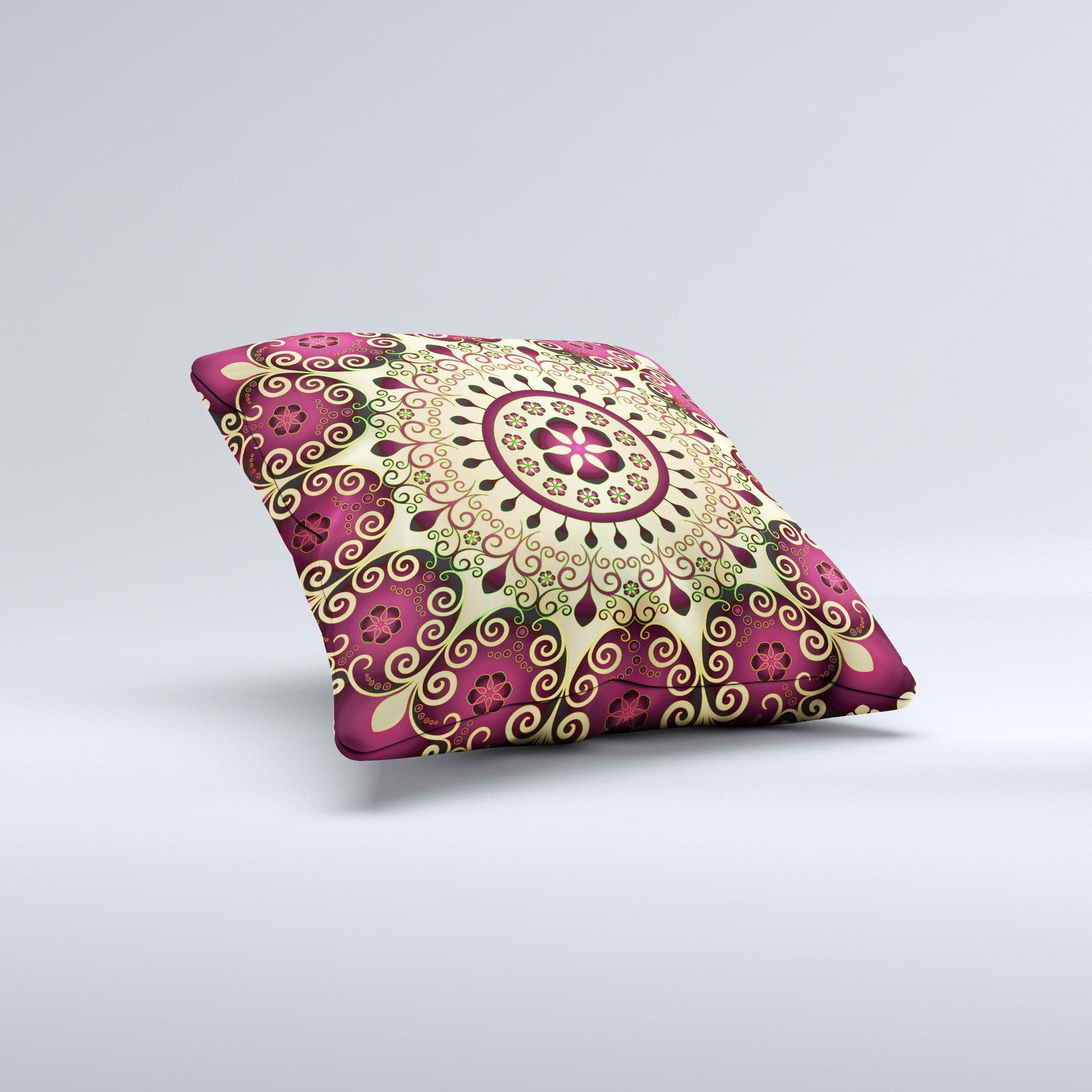 Mirrored Gold Purple Elegance Ink-Fuzed Decorative Throw Pillow showcasing intricate design and vibrant colors.