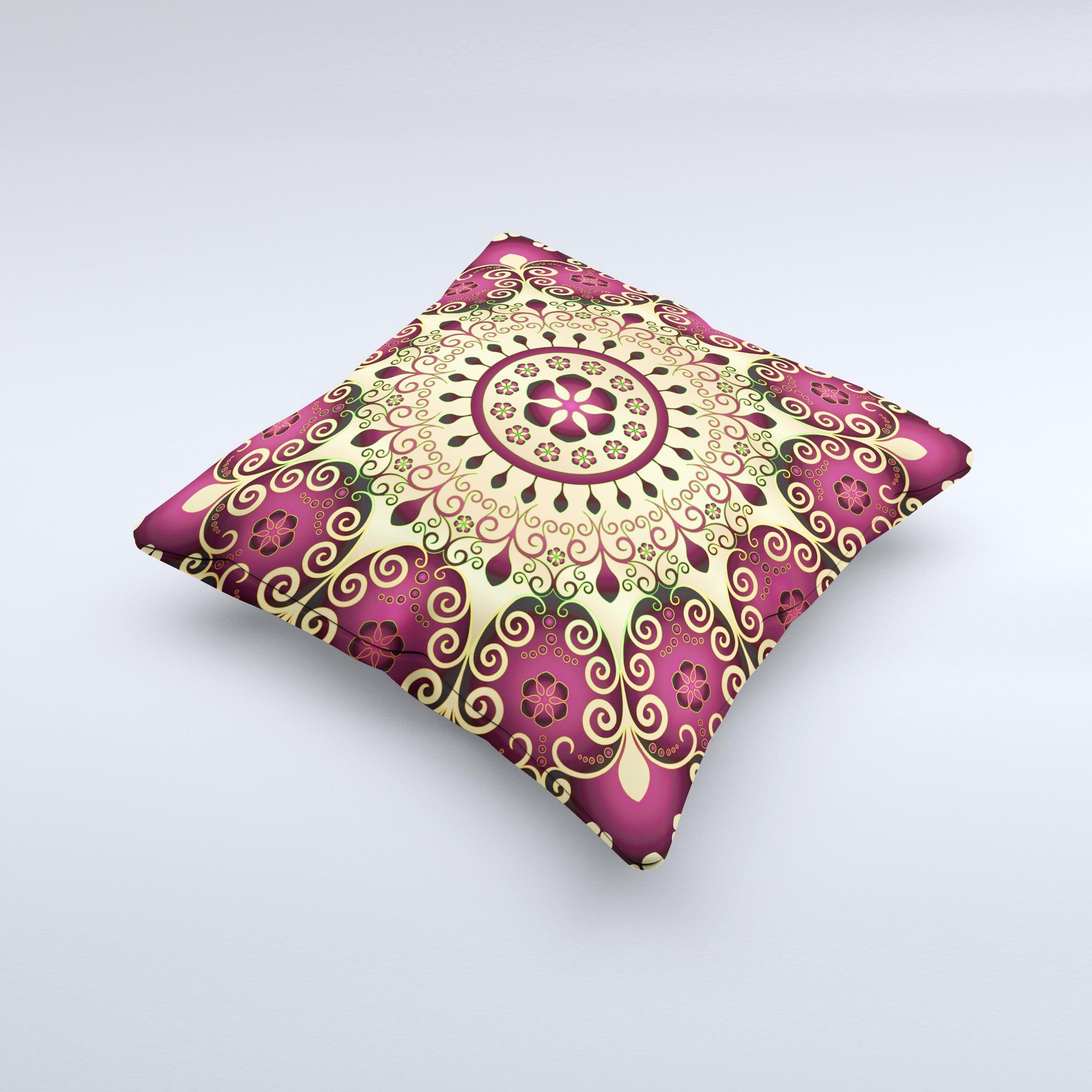 Mirrored Gold Purple Elegance Ink-Fuzed Decorative Throw Pillow showcasing intricate design and vibrant colors.