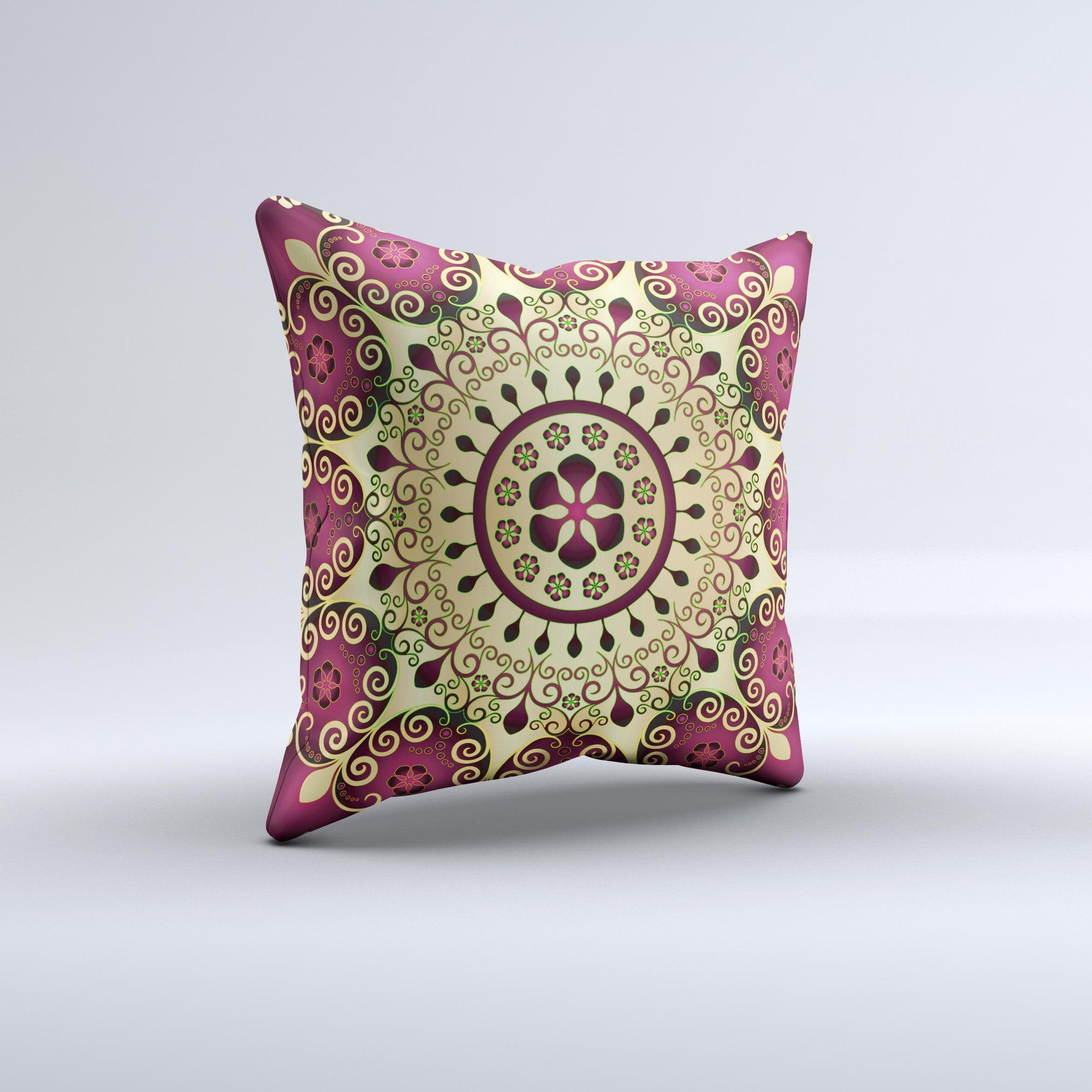 Mirrored Gold Purple Elegance Ink-Fuzed Decorative Throw Pillow showcasing intricate design and vibrant colors.