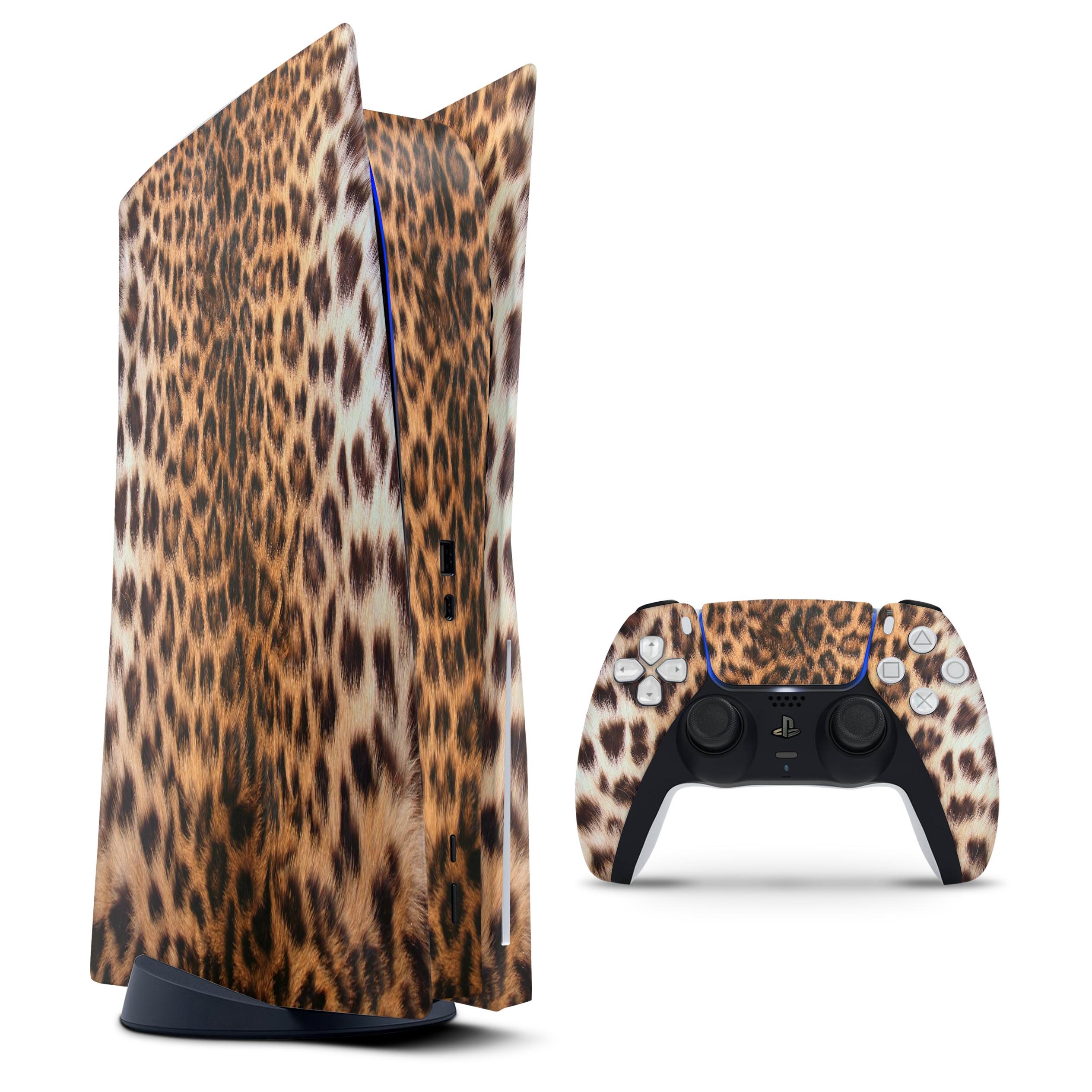 Mirrored Leopard Hide skin decal wrap kit for Sony PS5, showcasing a stylish design that fits snugly on the console.