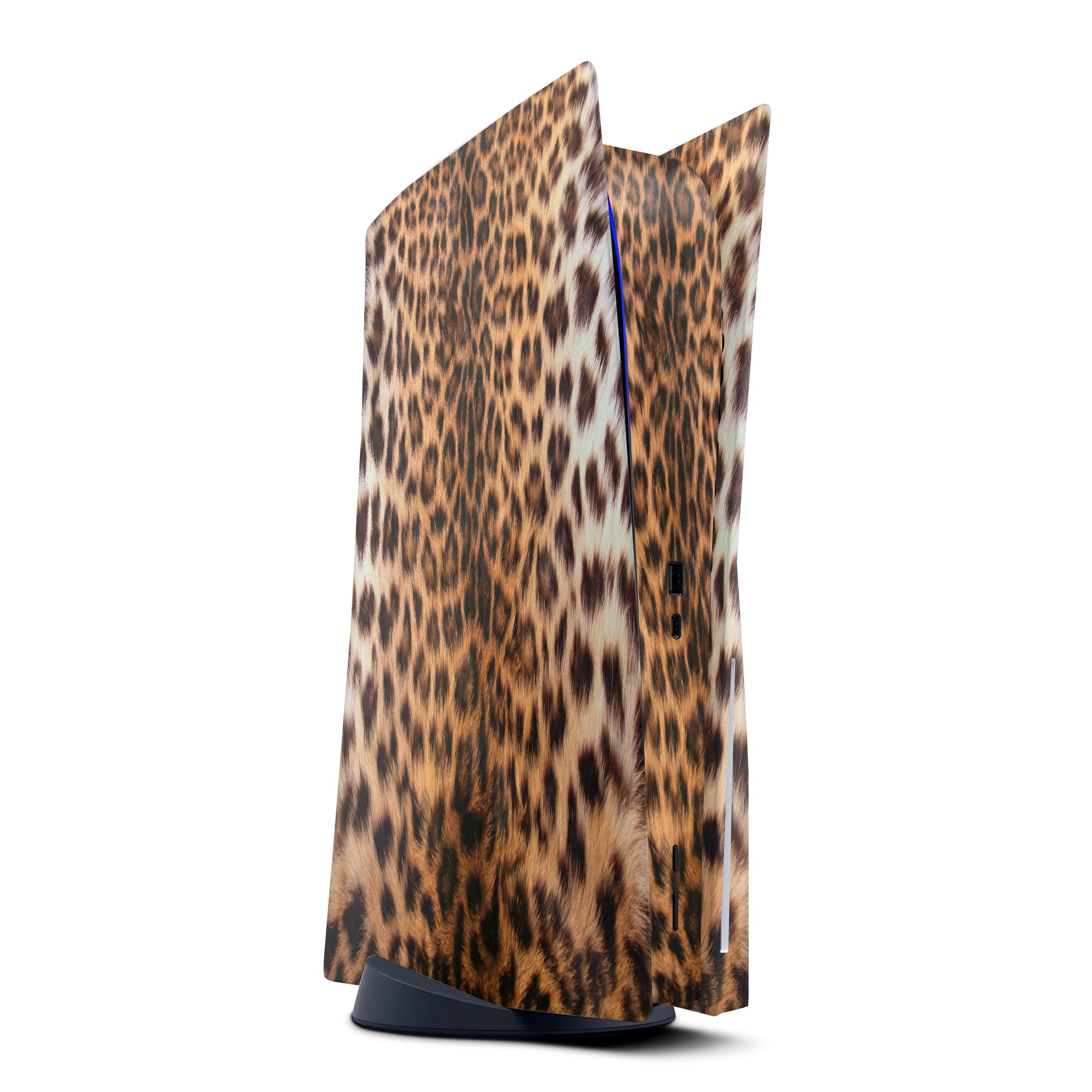 Mirrored Leopard Hide skin decal wrap kit for Sony PS5, showcasing a stylish design that fits snugly on the console.