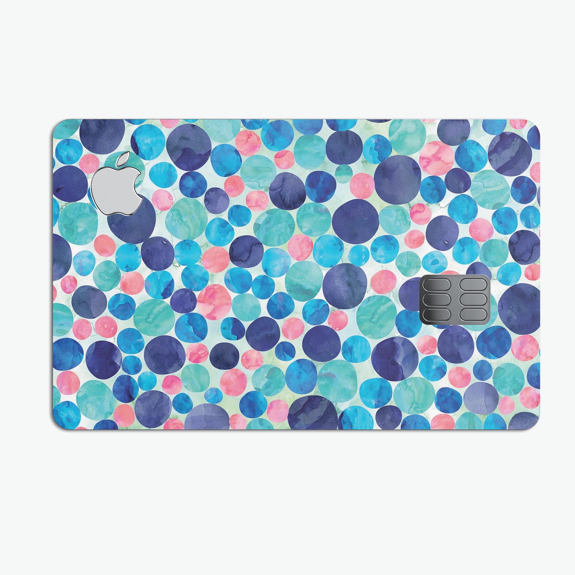 Mixed Aqua Blue and Pink Watercolor Dots decal for Apple Card, showcasing vibrant colors and a stylish design.