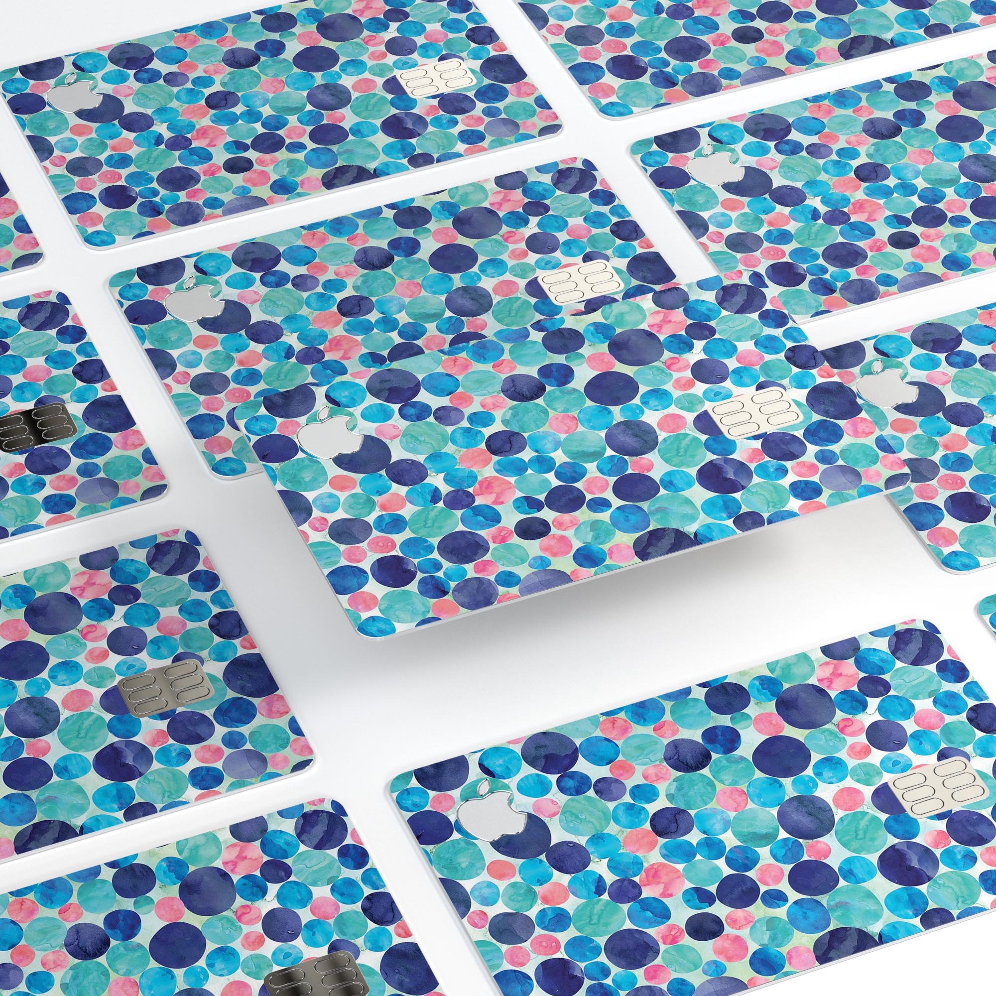 Mixed Aqua Blue and Pink Watercolor Dots decal for Apple Card, showcasing vibrant colors and a stylish design.