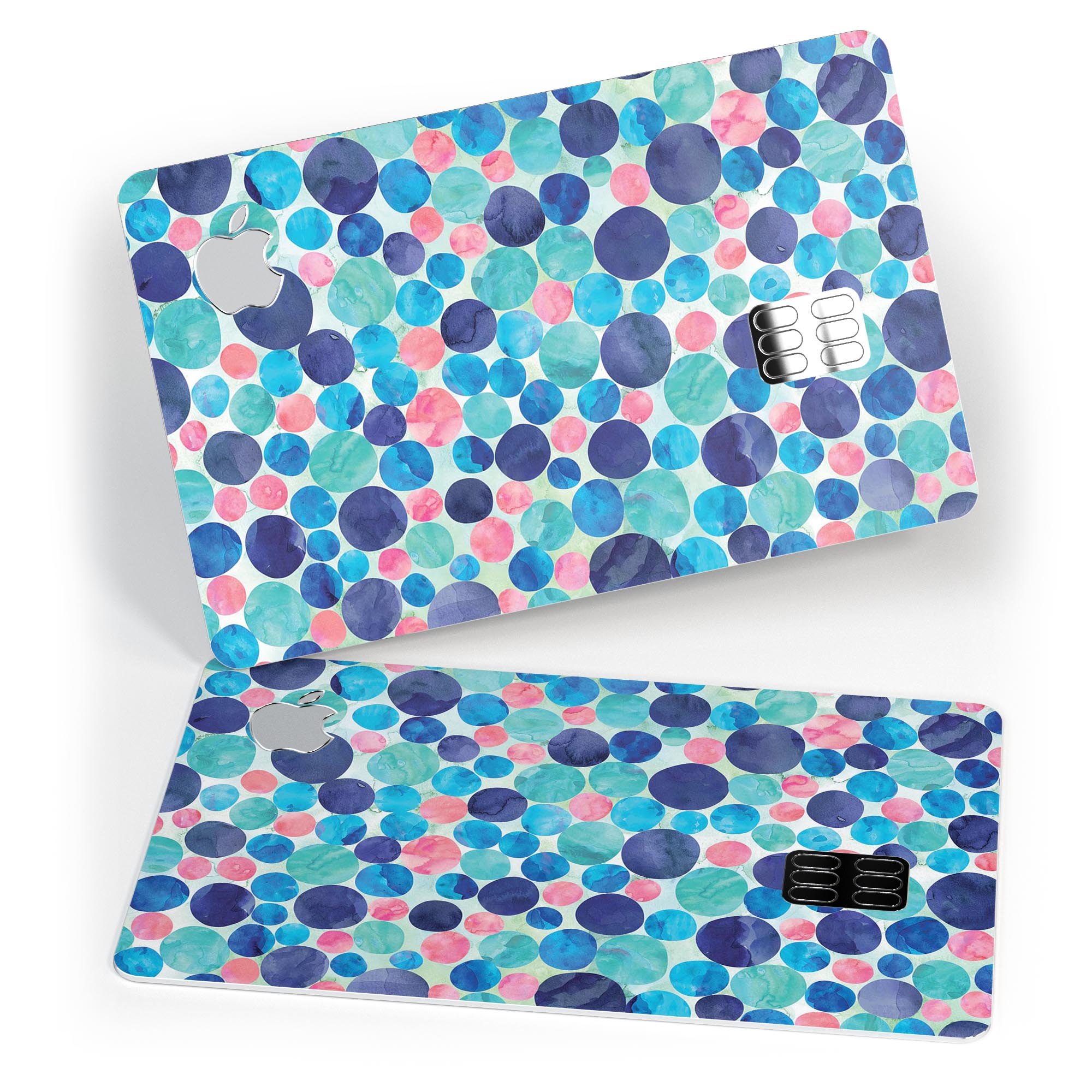 Mixed Aqua Blue and Pink Watercolor Dots decal for Apple Card, showcasing vibrant colors and a stylish design.