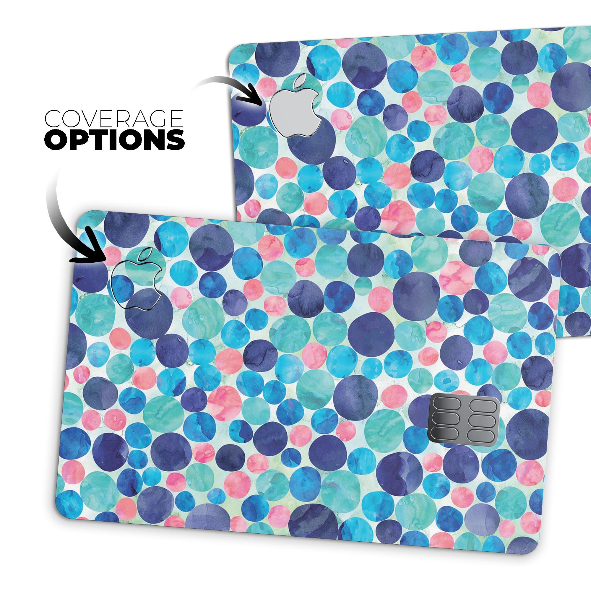 Mixed Aqua Blue and Pink Watercolor Dots decal for Apple Card, showcasing vibrant colors and a stylish design.