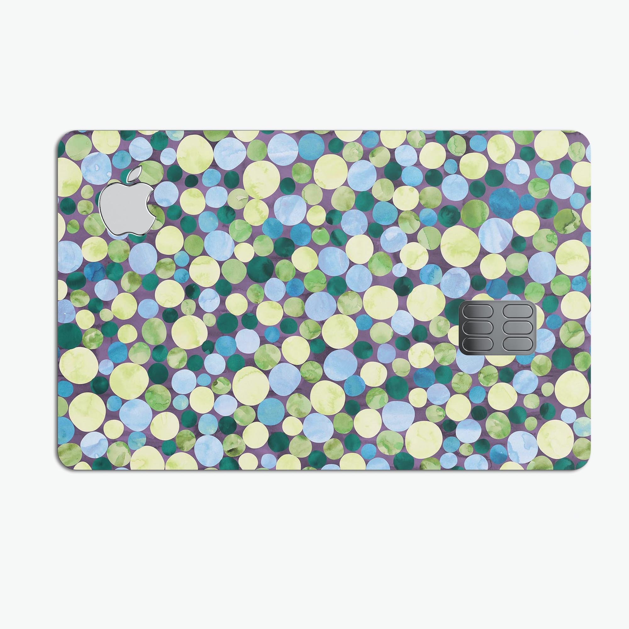 Mixed Blue and Green Watercolor Dots decal for Apple Card, showcasing a vibrant design with protective features.