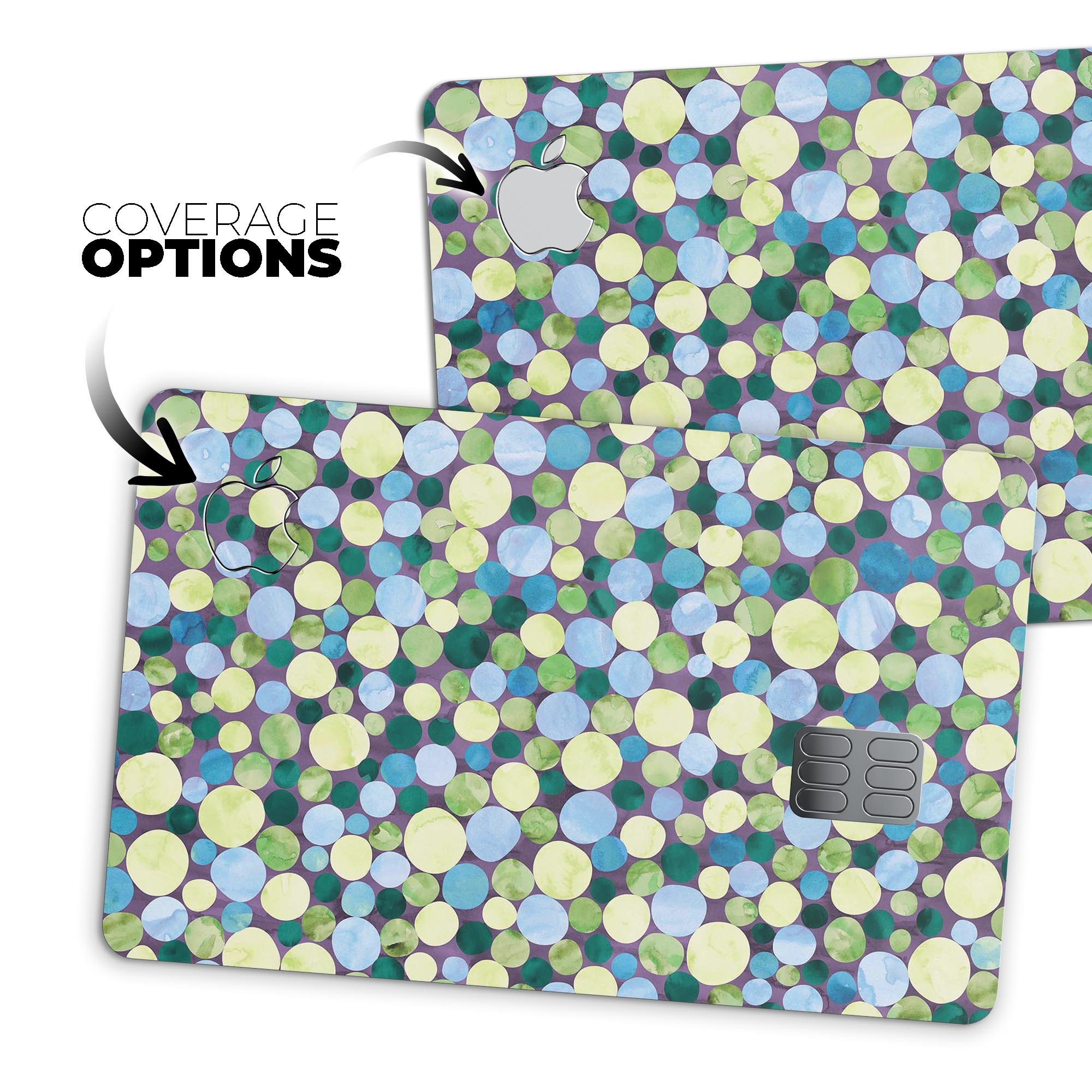 Mixed Blue and Green Watercolor Dots decal for Apple Card, showcasing a vibrant design with protective features.