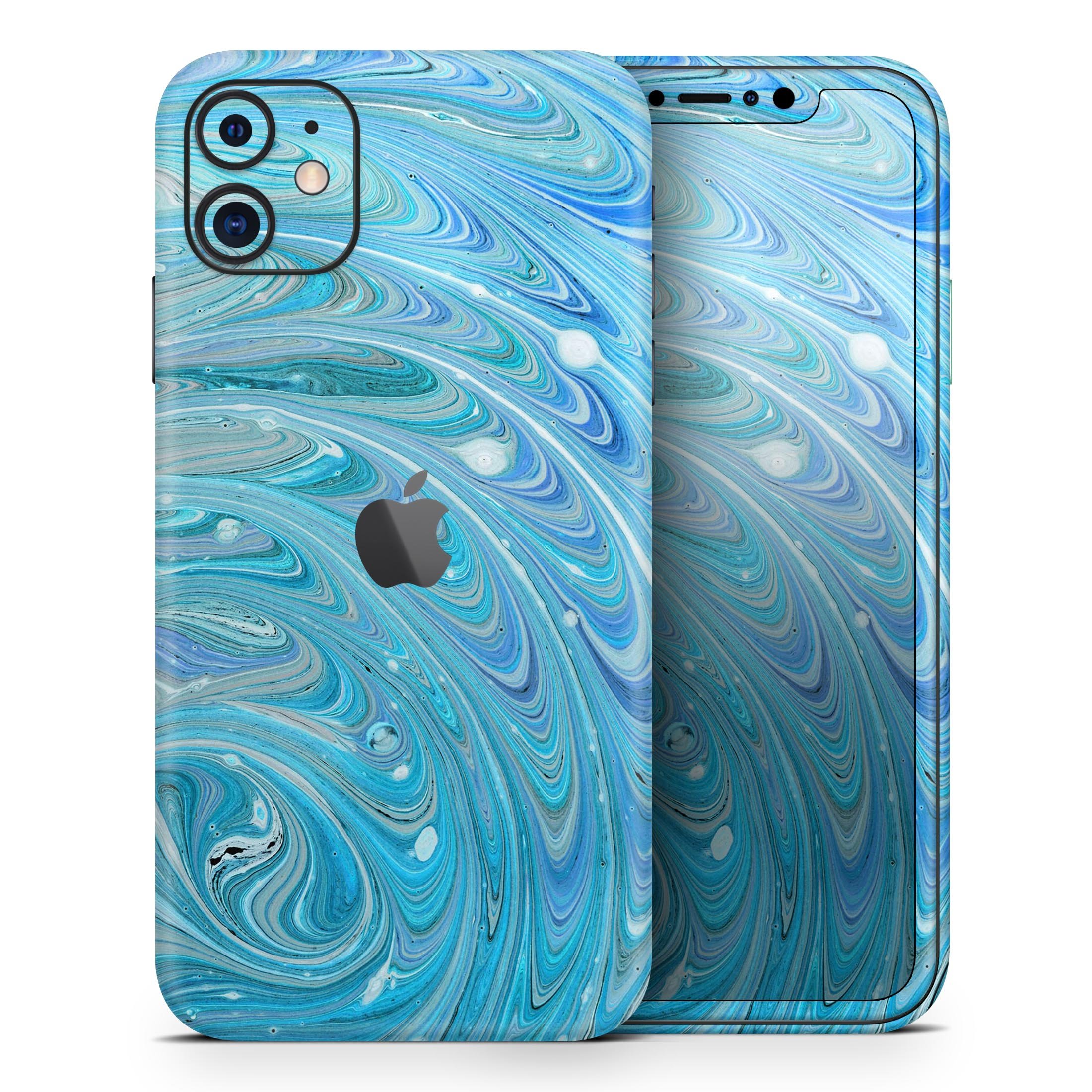 Mixed Blue Oil skin for Apple iPhone 14 and 13, showcasing a stylish design with a glossy finish.