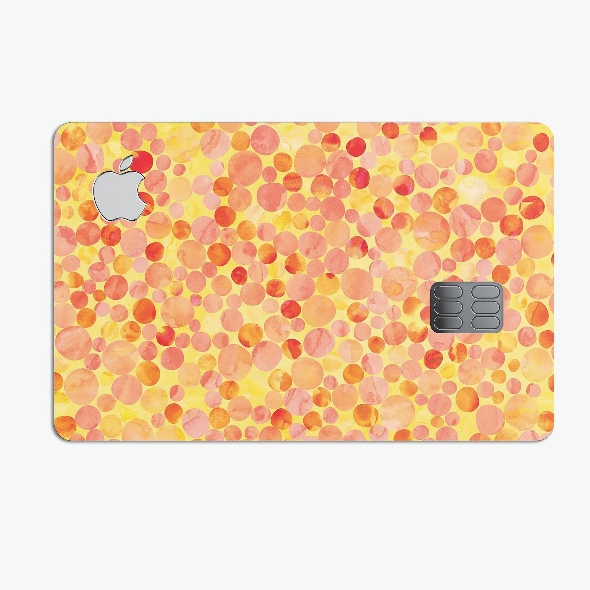 Mixed Fiery Watercolor Dots skin kit for Apple Card, showcasing vibrant colors and premium vinyl material.