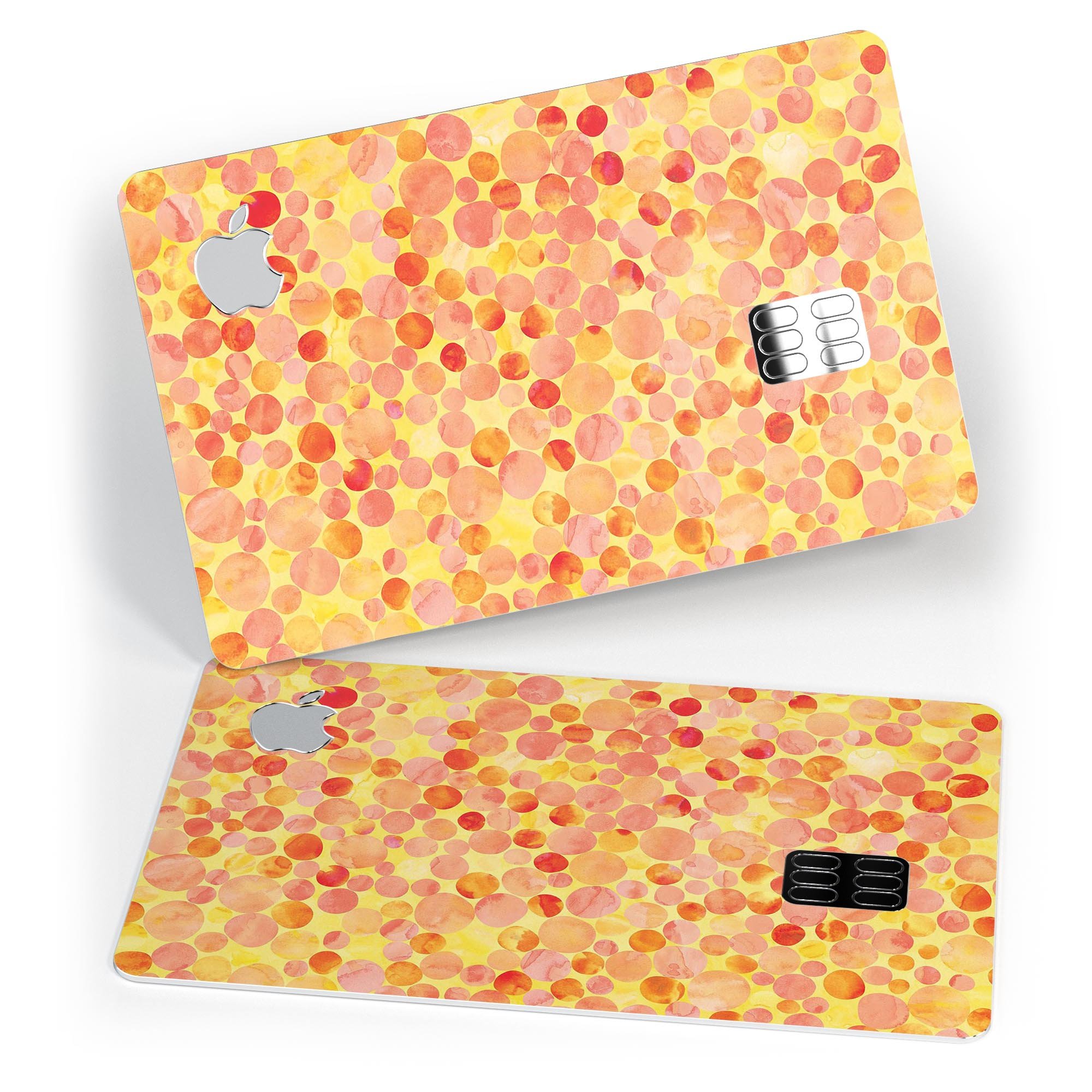 Mixed Fiery Watercolor Dots skin kit for Apple Card, showcasing vibrant colors and premium vinyl material.