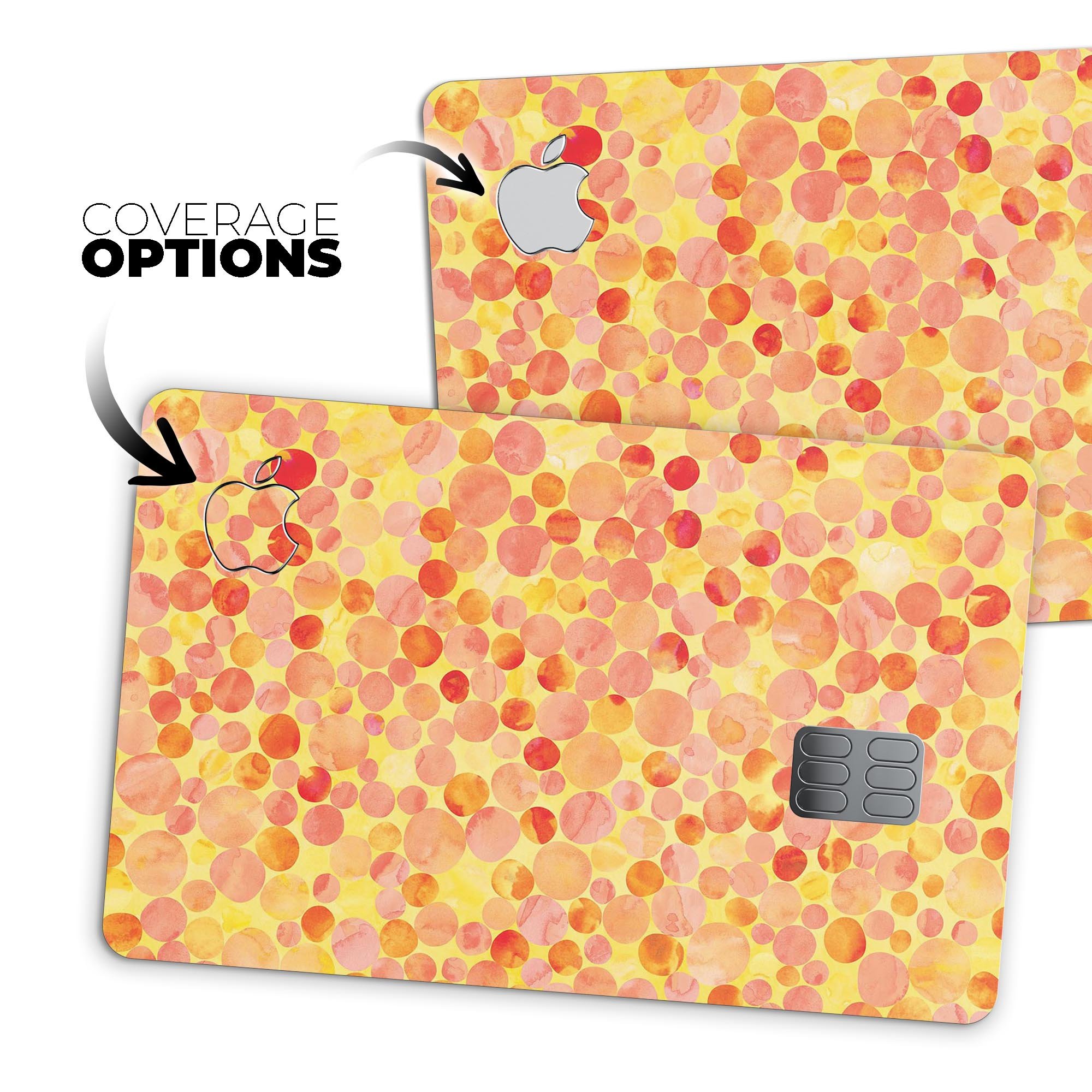 Mixed Fiery Watercolor Dots skin kit for Apple Card, showcasing vibrant colors and premium vinyl material.