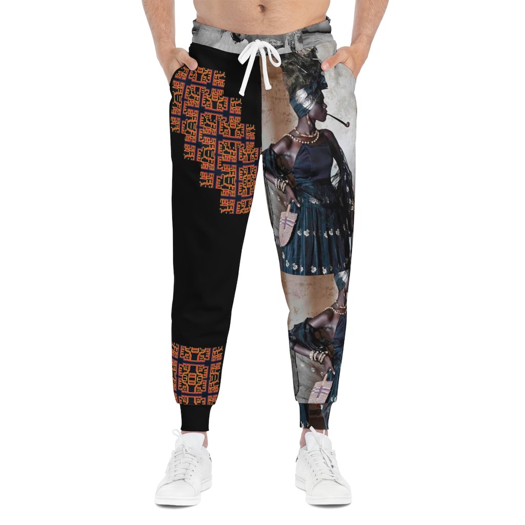 A pair of Mixed Media Athletic Joggers featuring a stylish all-over-print design, unisex fit, and double layer side insert pockets.