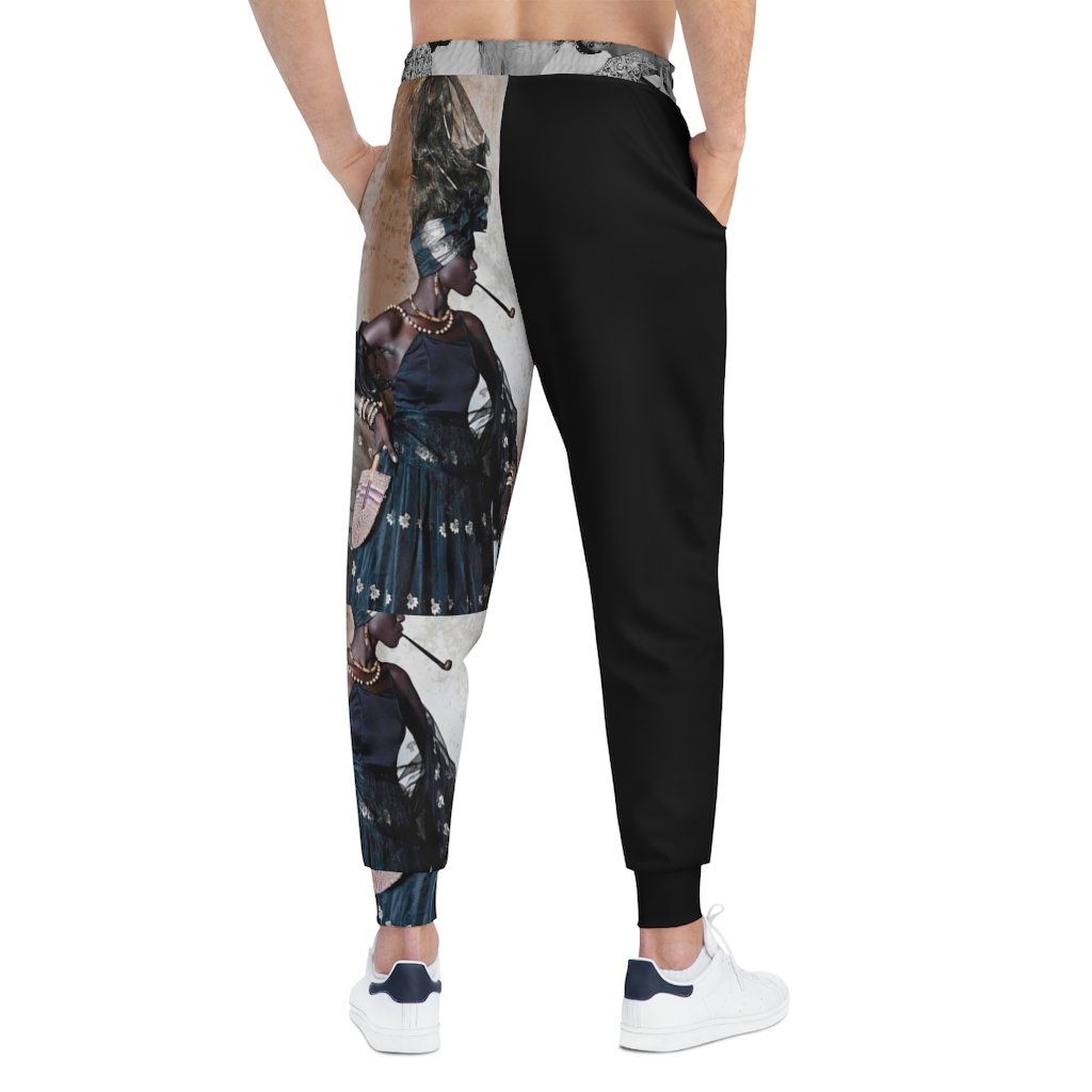 A pair of Mixed Media Athletic Joggers featuring a stylish all-over-print design, unisex fit, and double layer side insert pockets.