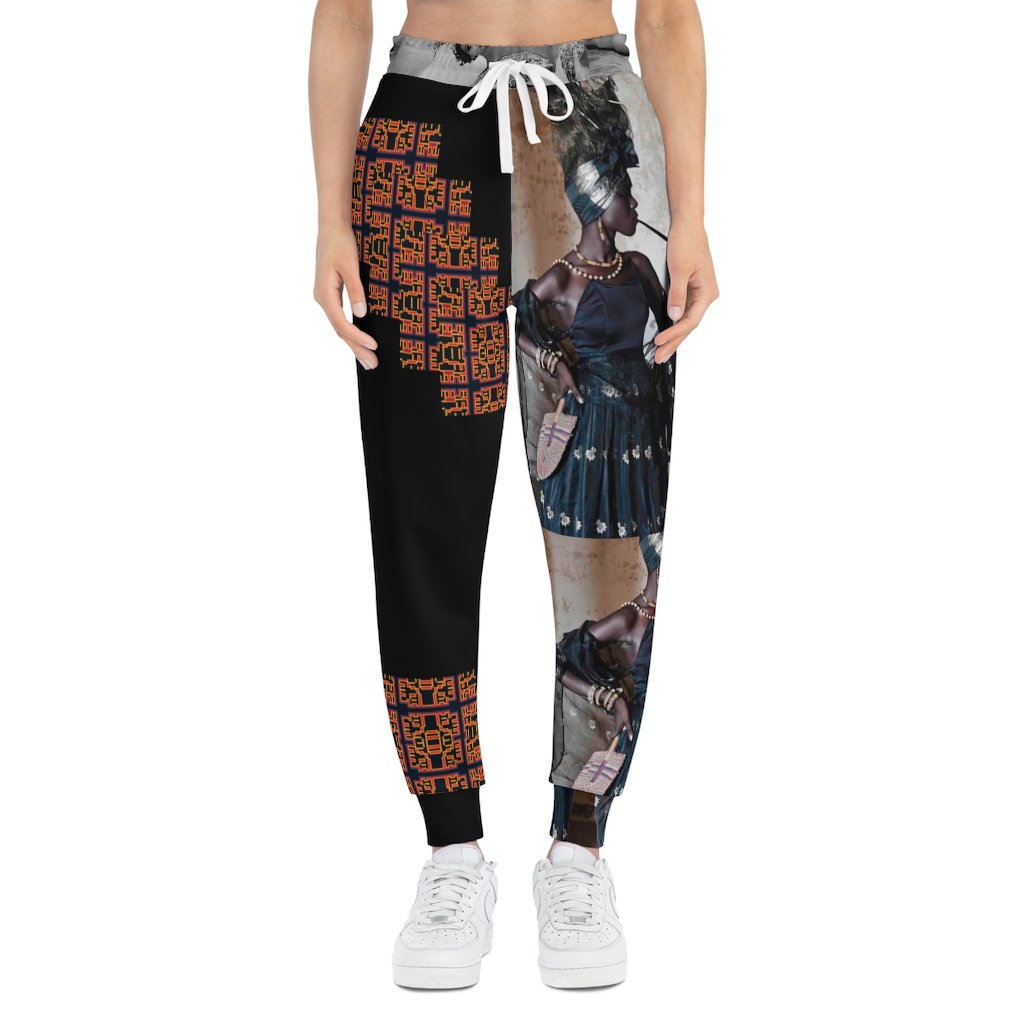 A pair of Mixed Media Athletic Joggers featuring a stylish all-over-print design, unisex fit, and double layer side insert pockets.