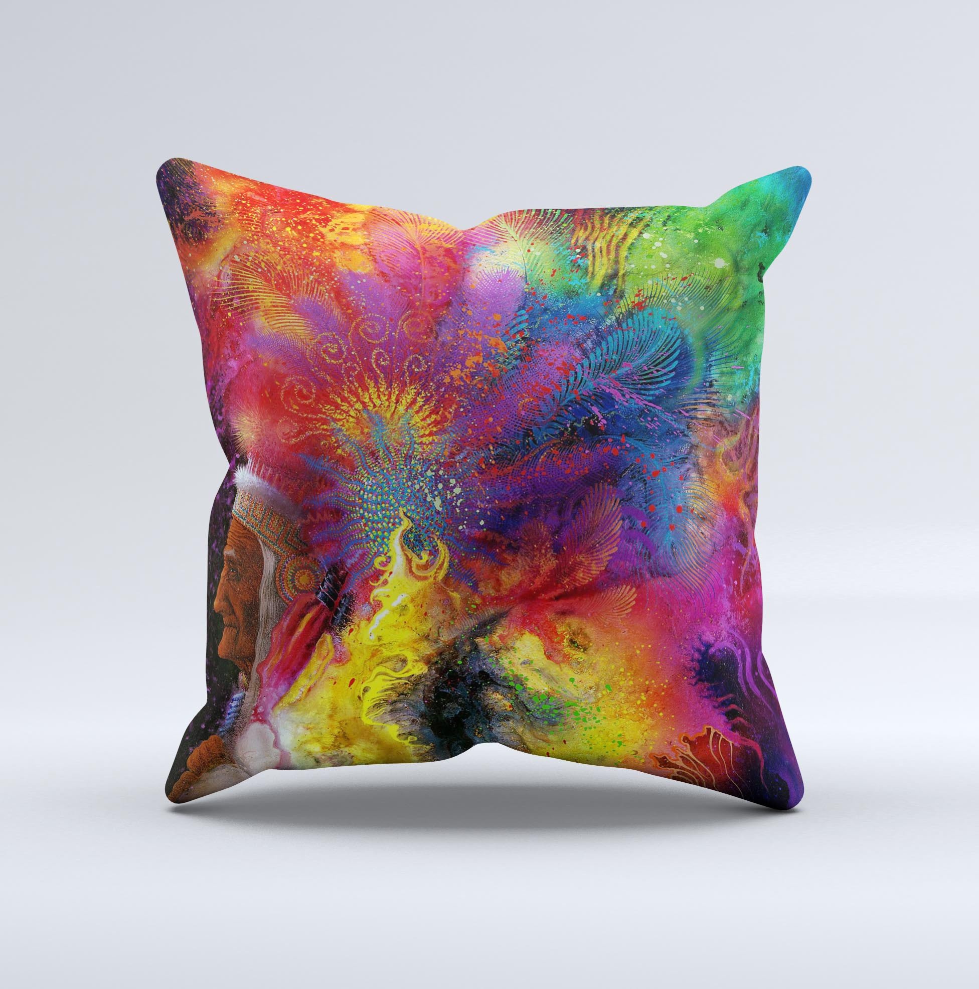 A colorful Mixed Neon Paint Ink-Fuzed Decorative Throw Pillow featuring vibrant neon designs, handcrafted in Virginia with a high thread count fabric.