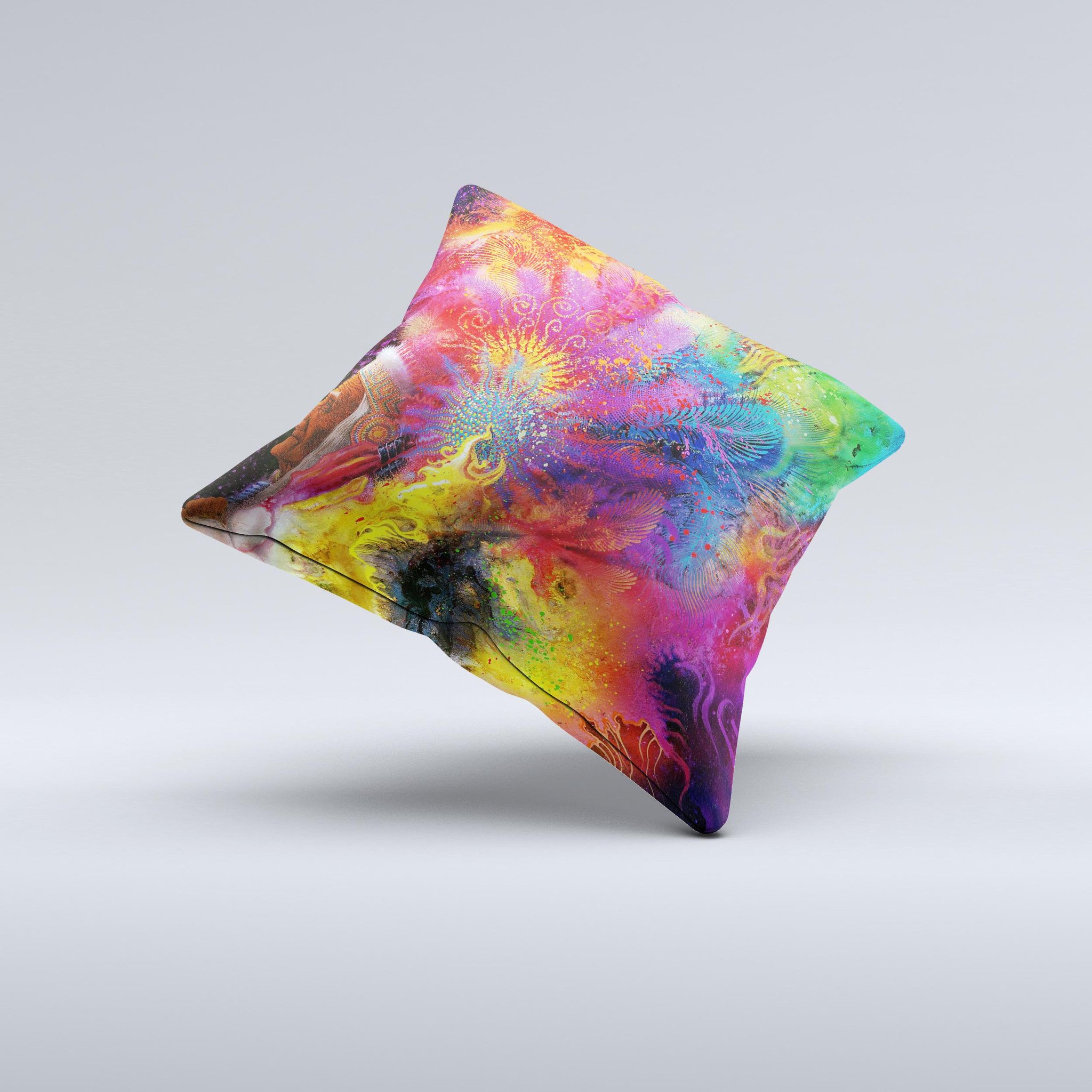 A colorful Mixed Neon Paint Ink-Fuzed Decorative Throw Pillow featuring vibrant neon designs, handcrafted in Virginia with a high thread count fabric.