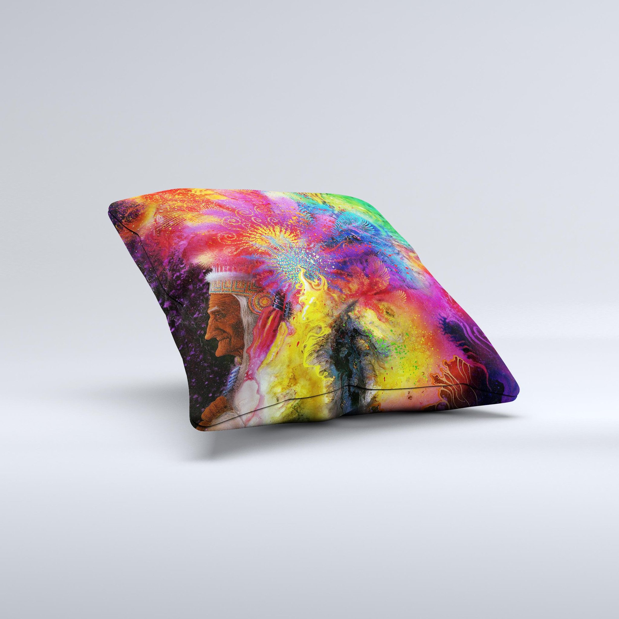 A colorful Mixed Neon Paint Ink-Fuzed Decorative Throw Pillow featuring vibrant neon designs, handcrafted in Virginia with a high thread count fabric.