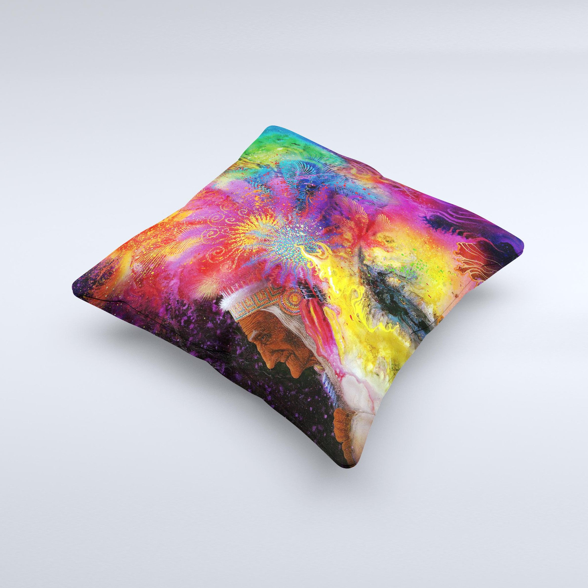 A colorful Mixed Neon Paint Ink-Fuzed Decorative Throw Pillow featuring vibrant neon designs, handcrafted in Virginia with a high thread count fabric.