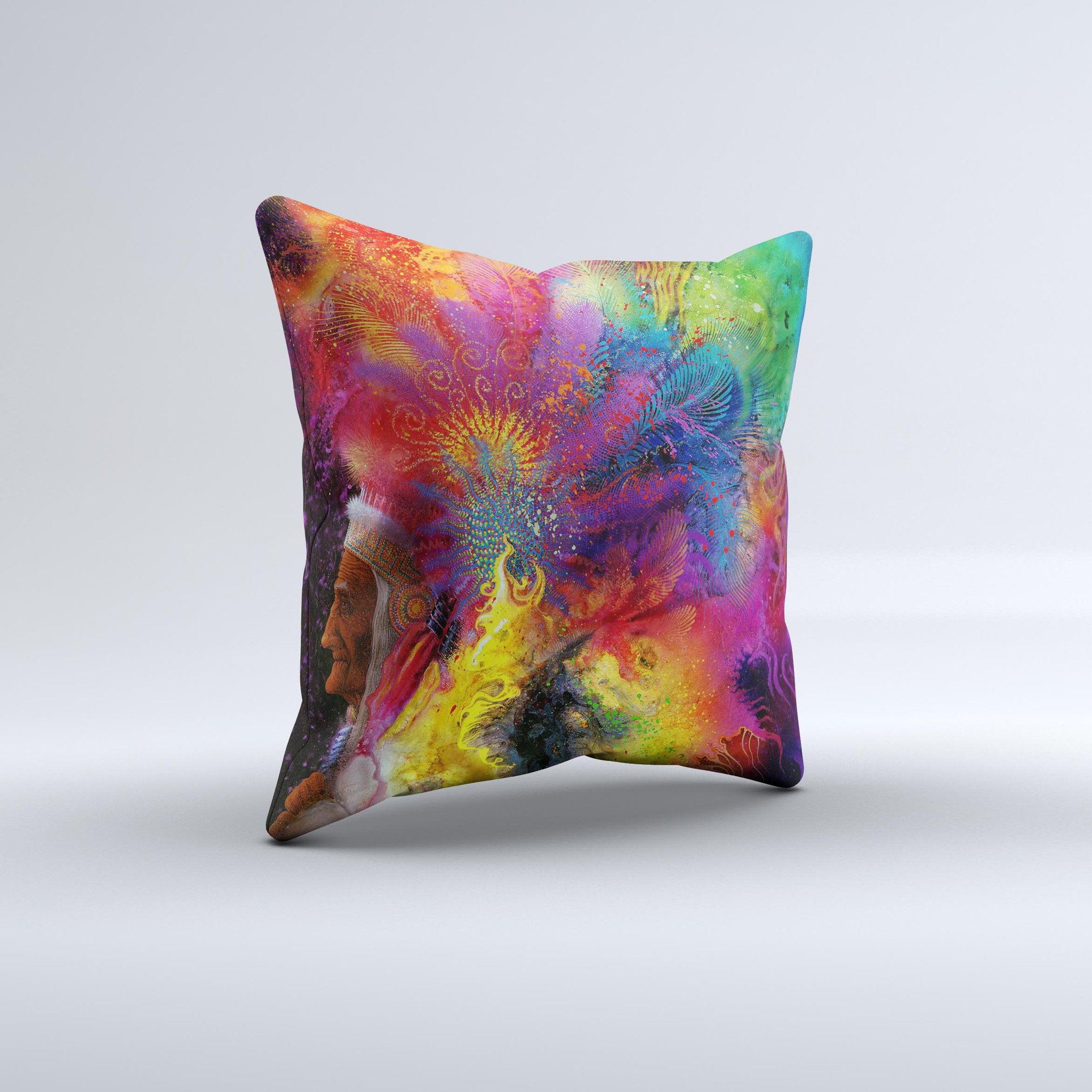 A colorful Mixed Neon Paint Ink-Fuzed Decorative Throw Pillow featuring vibrant neon designs, handcrafted in Virginia with a high thread count fabric.