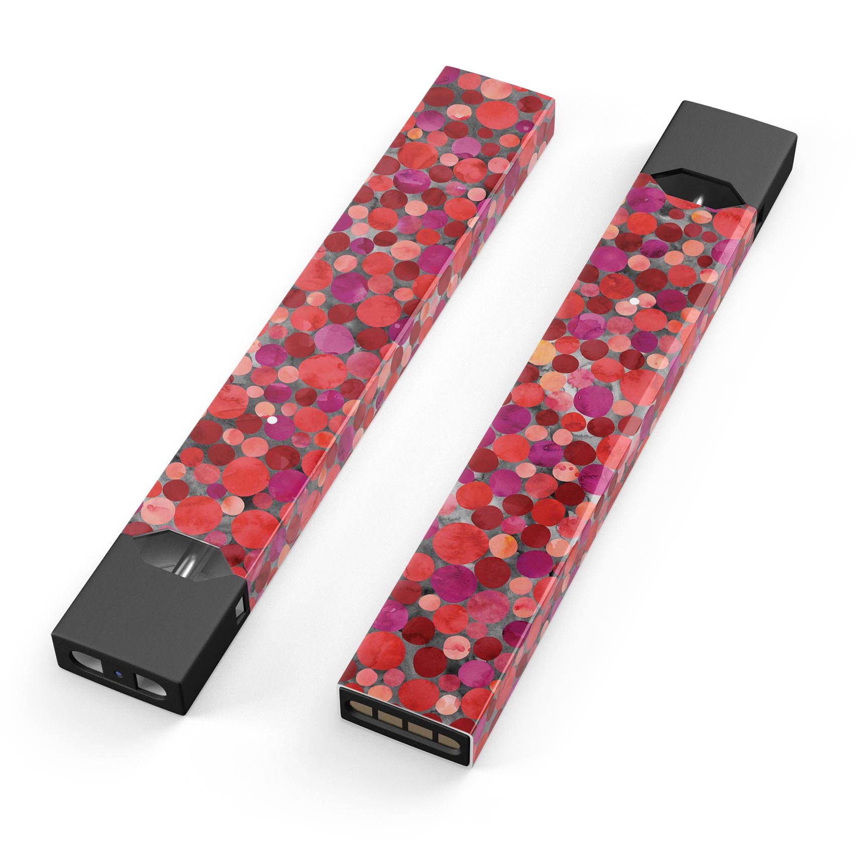 Mixed Red Watercolor Dots skin-wrap sticker designed for JUUL vaping device, showcasing vibrant colors and precise cut.