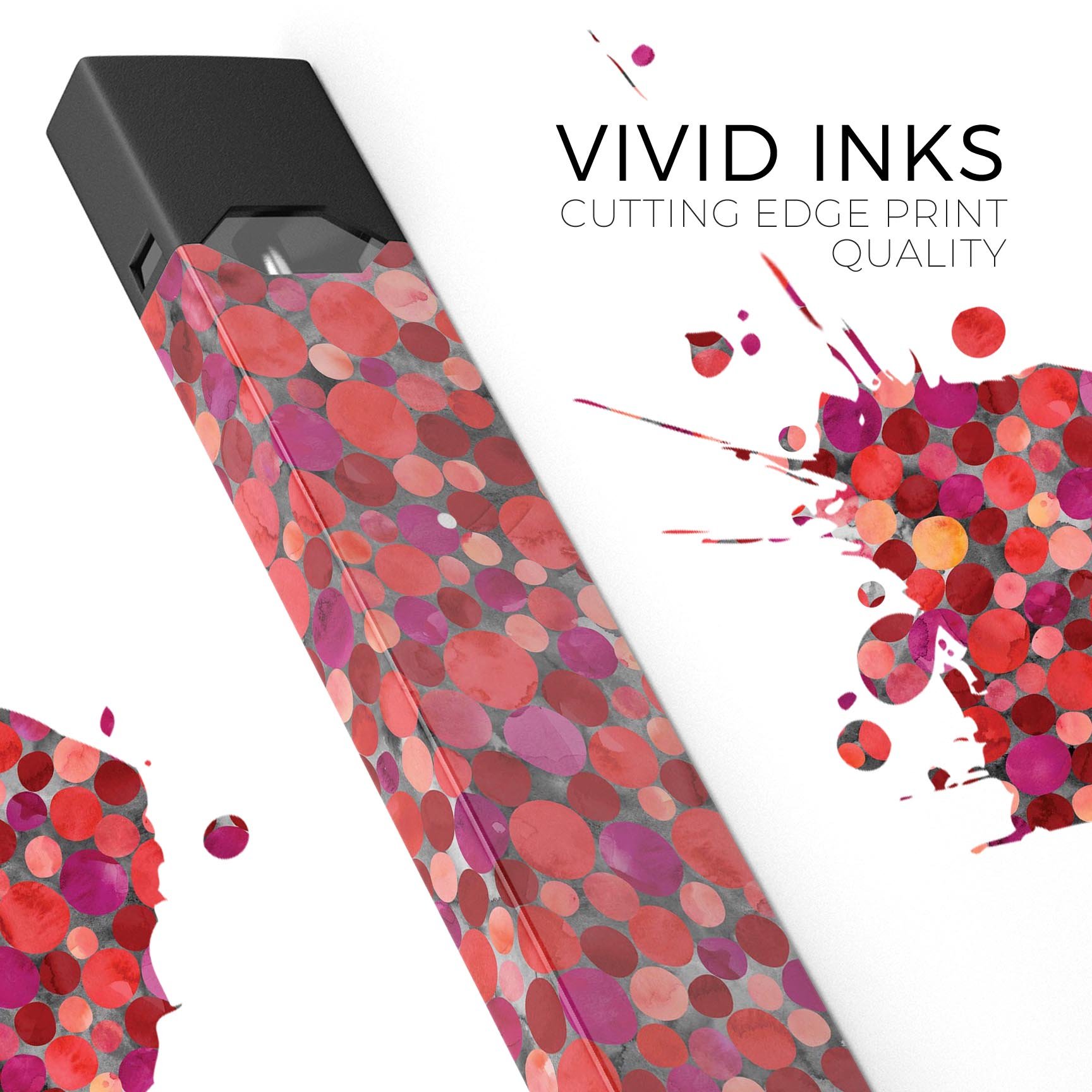 Mixed Red Watercolor Dots skin-wrap sticker designed for JUUL vaping device, showcasing vibrant colors and precise cut.